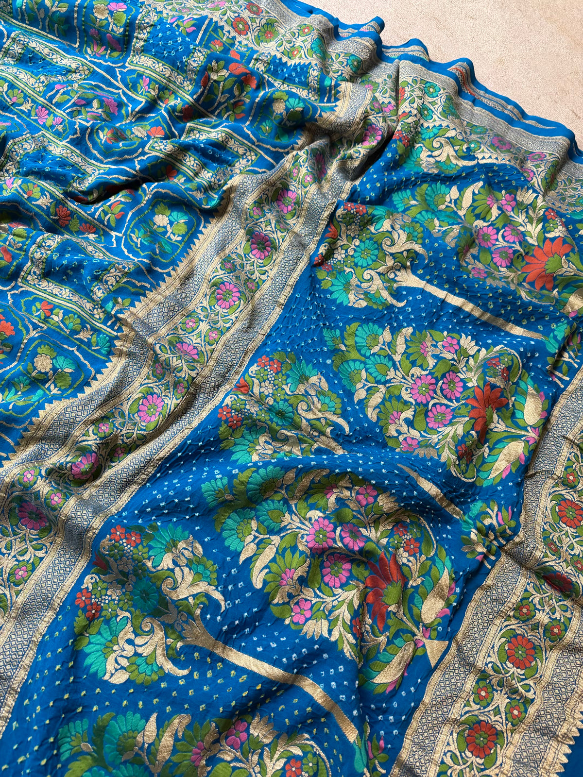 Rama Pure Khaddi Georgette Banarasi Bandhej Saree | Meenakari Meharab Design | Handwoven Luxury Silk Saree