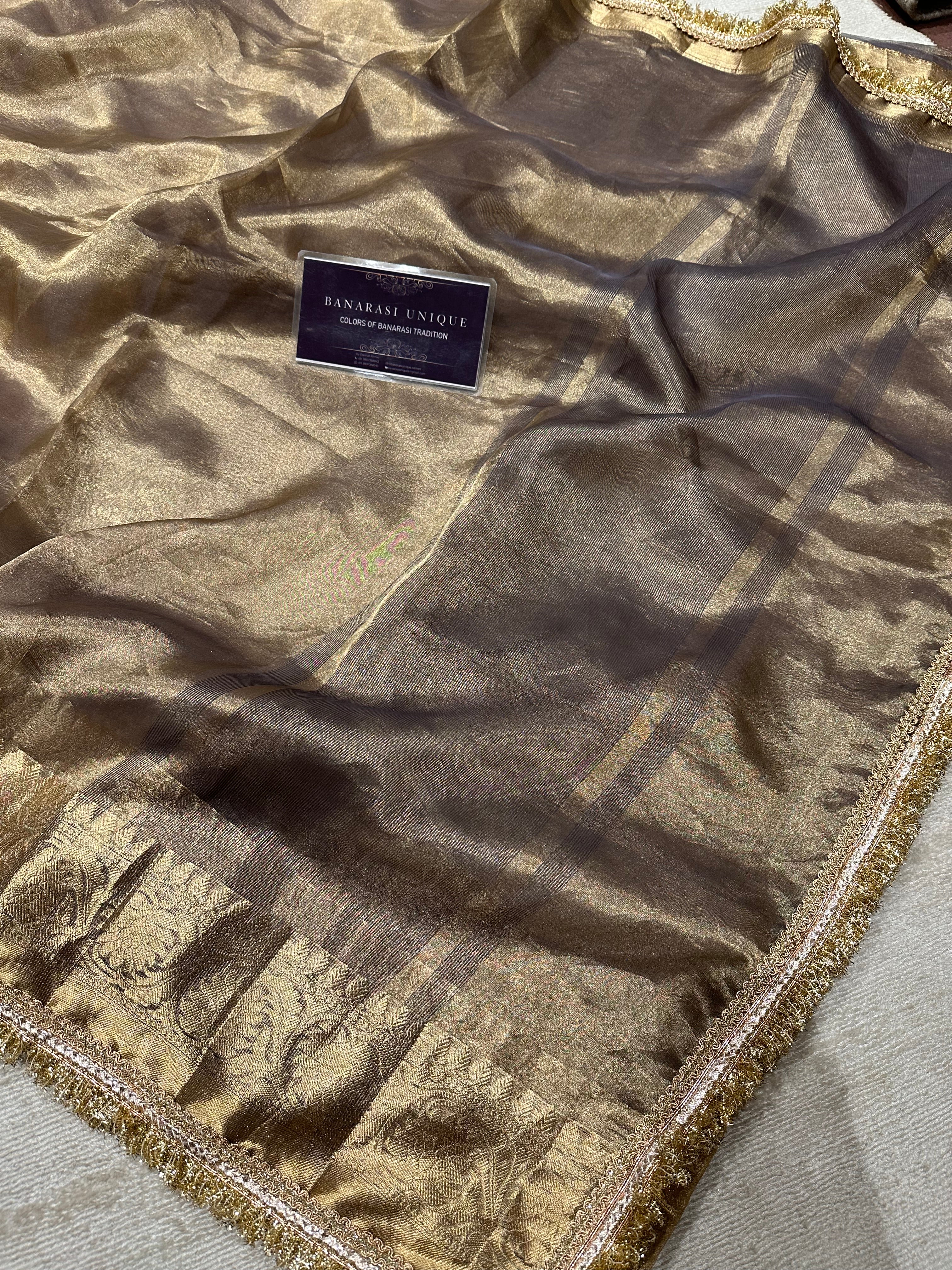 Copper Glow Pure Tissue Silk Banarasi Saree with Gota Patti Border | Handwoven Luxury Saree