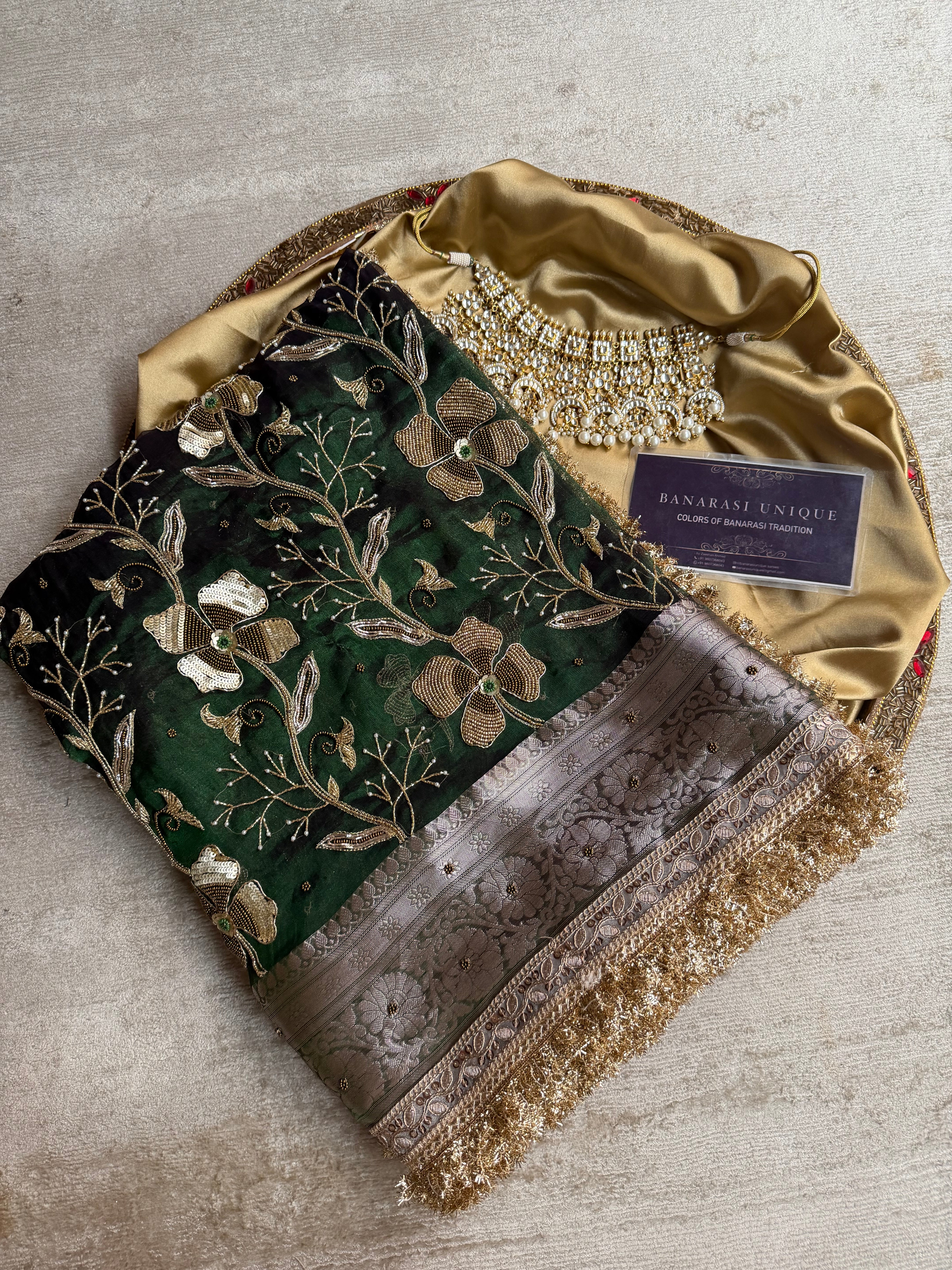 Emerald Blossom – Hand Embroidered Pure Tissue Silk Banarasi Saree