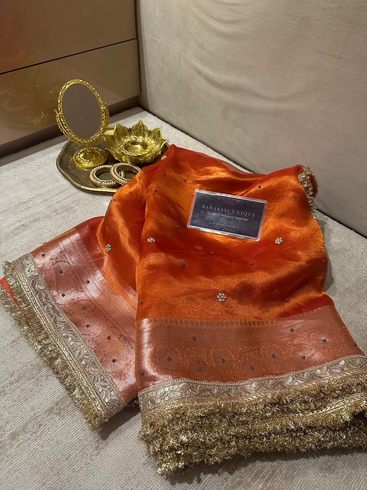 PLAIN FLORAL BUTI SAREE - ORANGE
