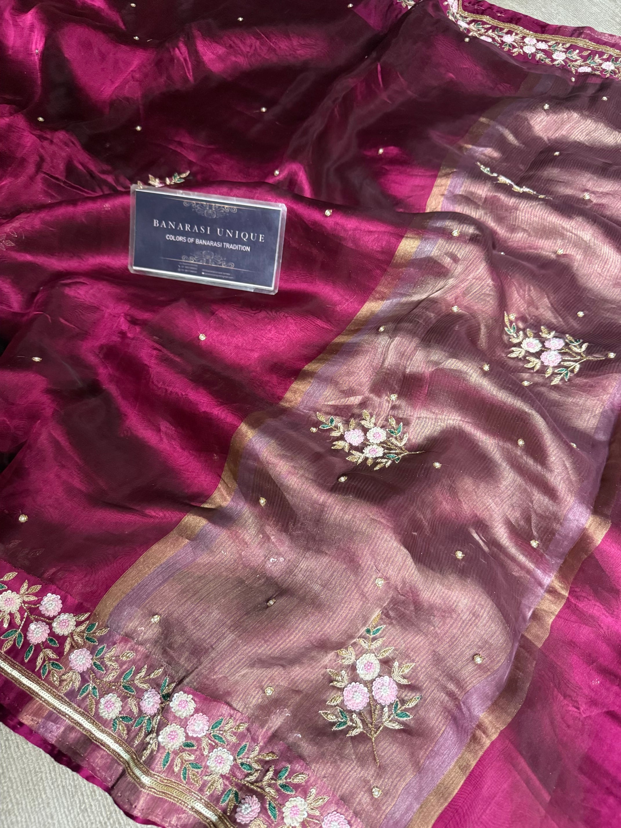 Pure Tissue Silk Satin Border Banarasi Saree Zardozi Hand Embroidery – Majenta