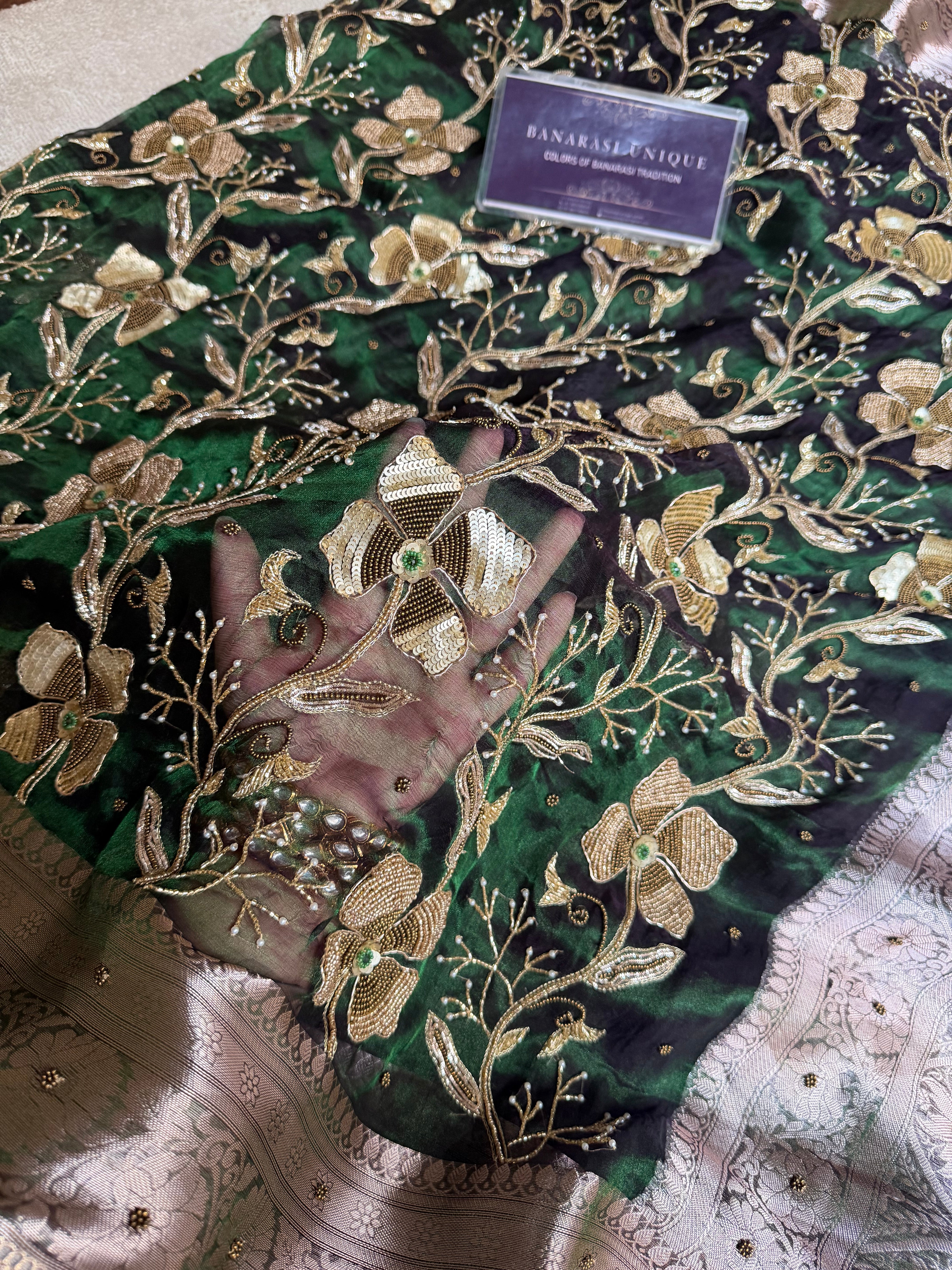 Emerald Blossom – Hand Embroidered Pure Tissue Silk Banarasi Saree