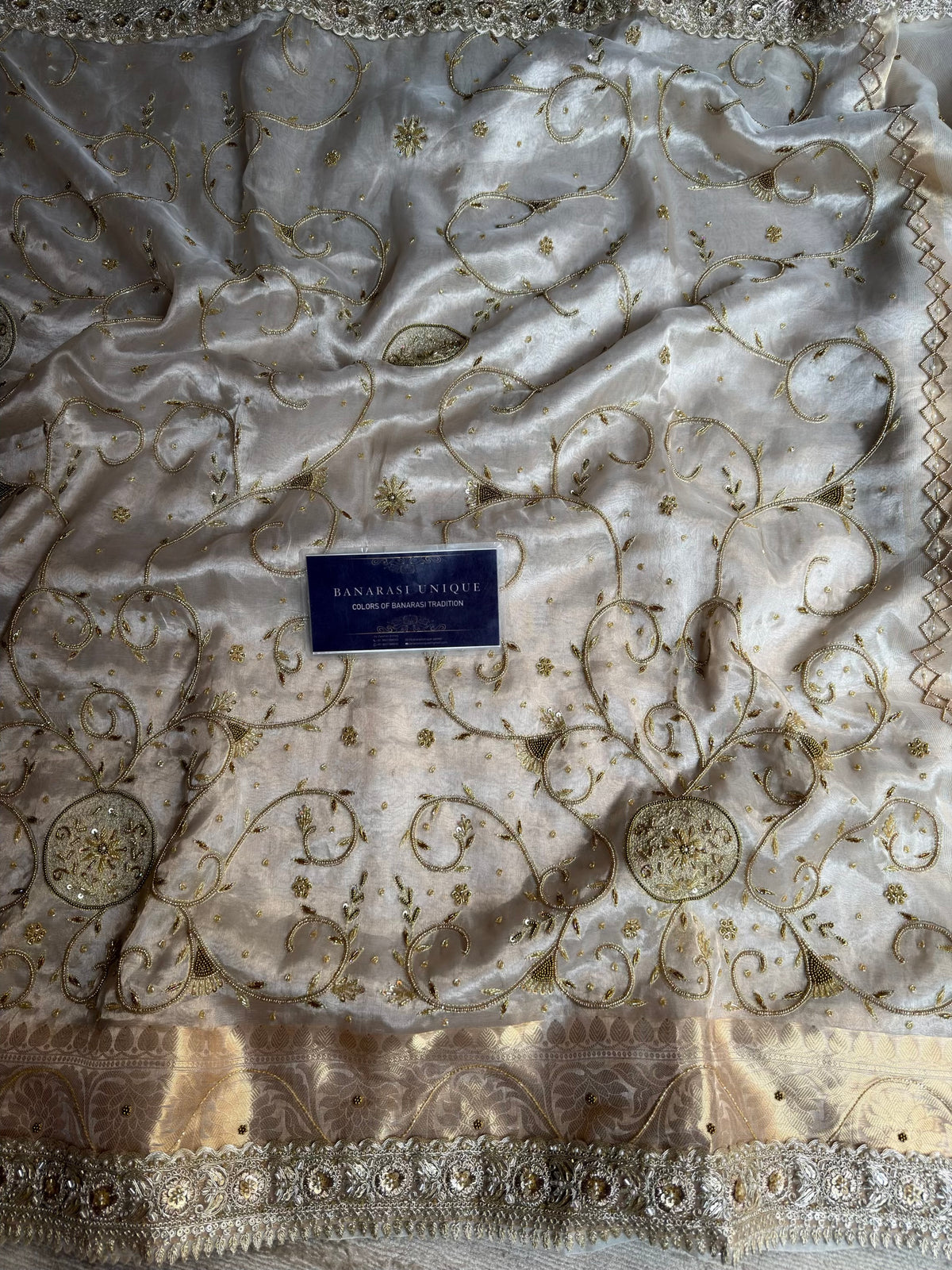 GUL-E-CHAAND | Ivory Pure Tissue Silk Saree | Hand Zardozi Kutdana Work