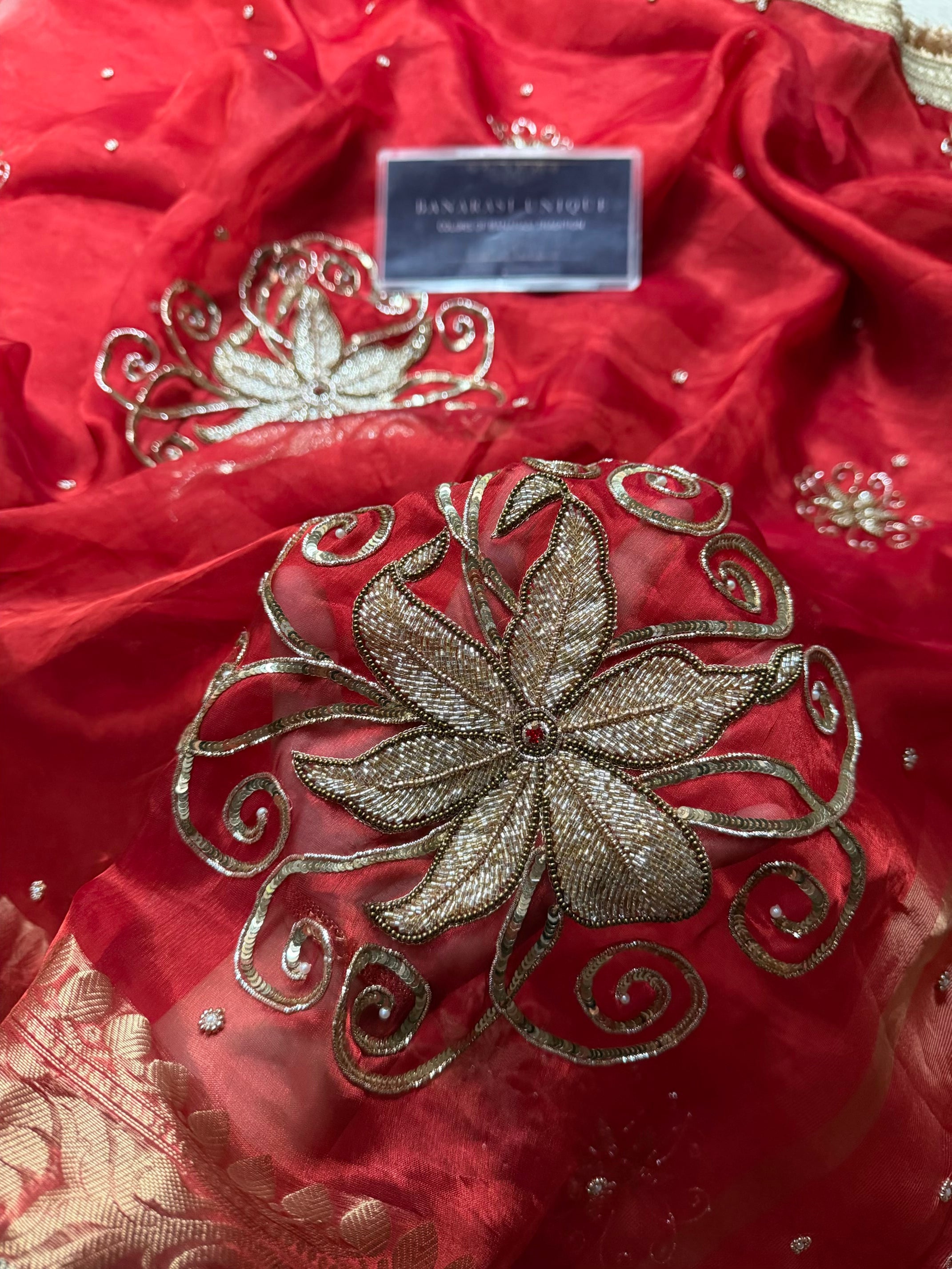 Teej Special Pure Tissue Silk Banarasi Saree – Red Hand Embroidered Luxury Saree
