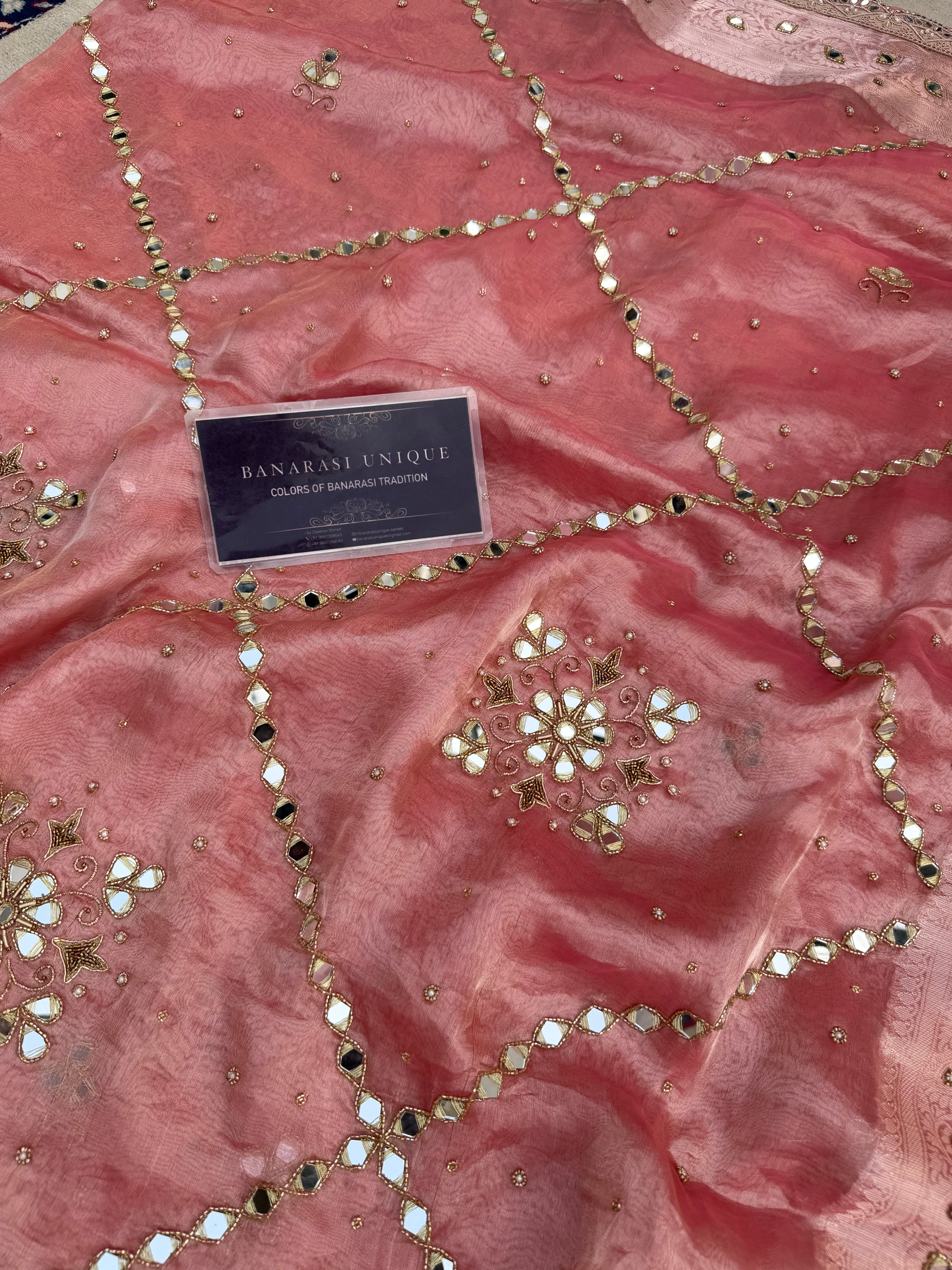 PURE TISSUE SILK MIRROR FLORAL BUTA AND JAAL SAREE - BABY PINK