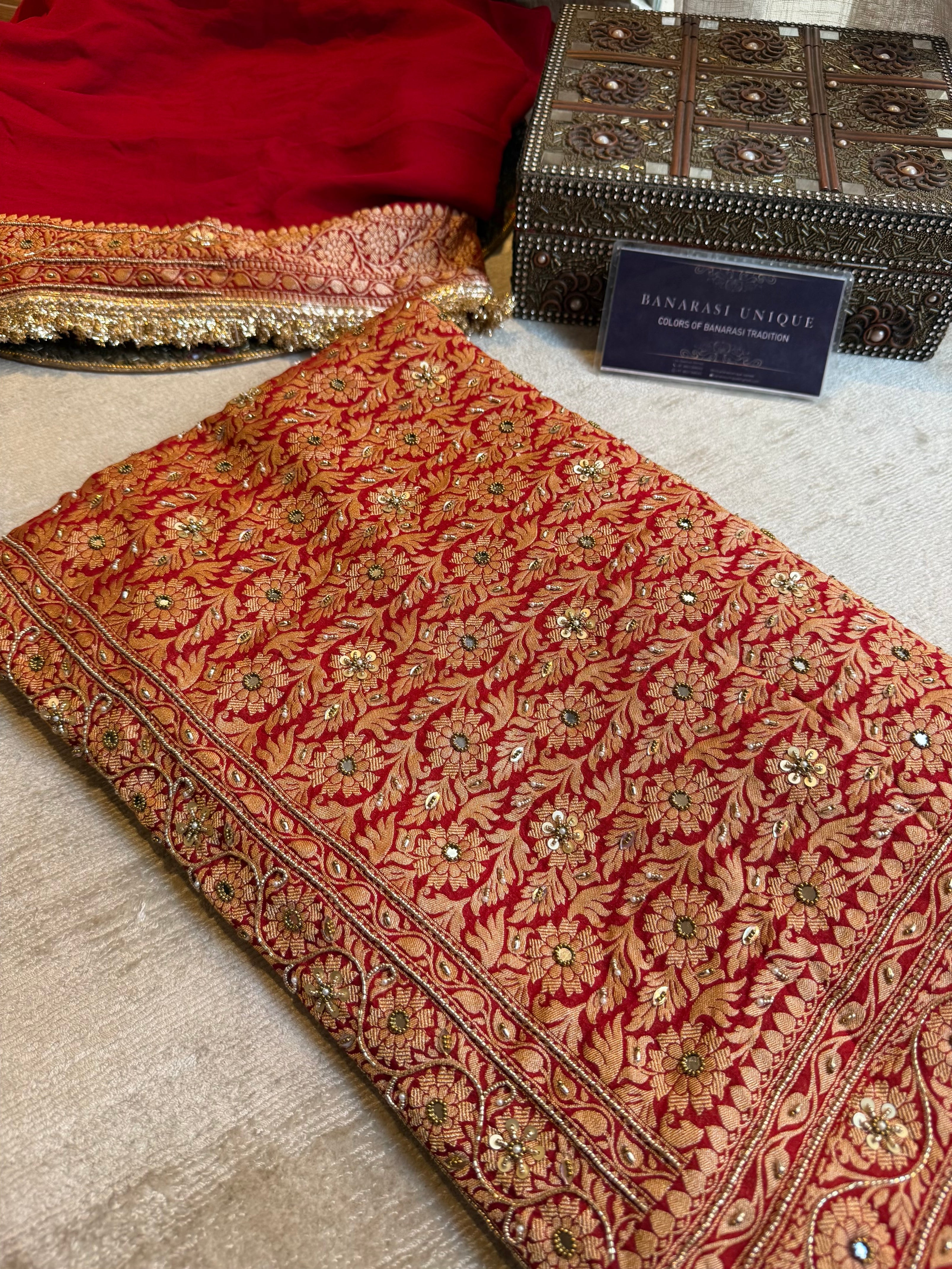 Red Banarasi Khaddi Georgette Saree with Dabka Kutdana Hand Embroidery & Gold Zari | Pure Handwoven Luxury Saree