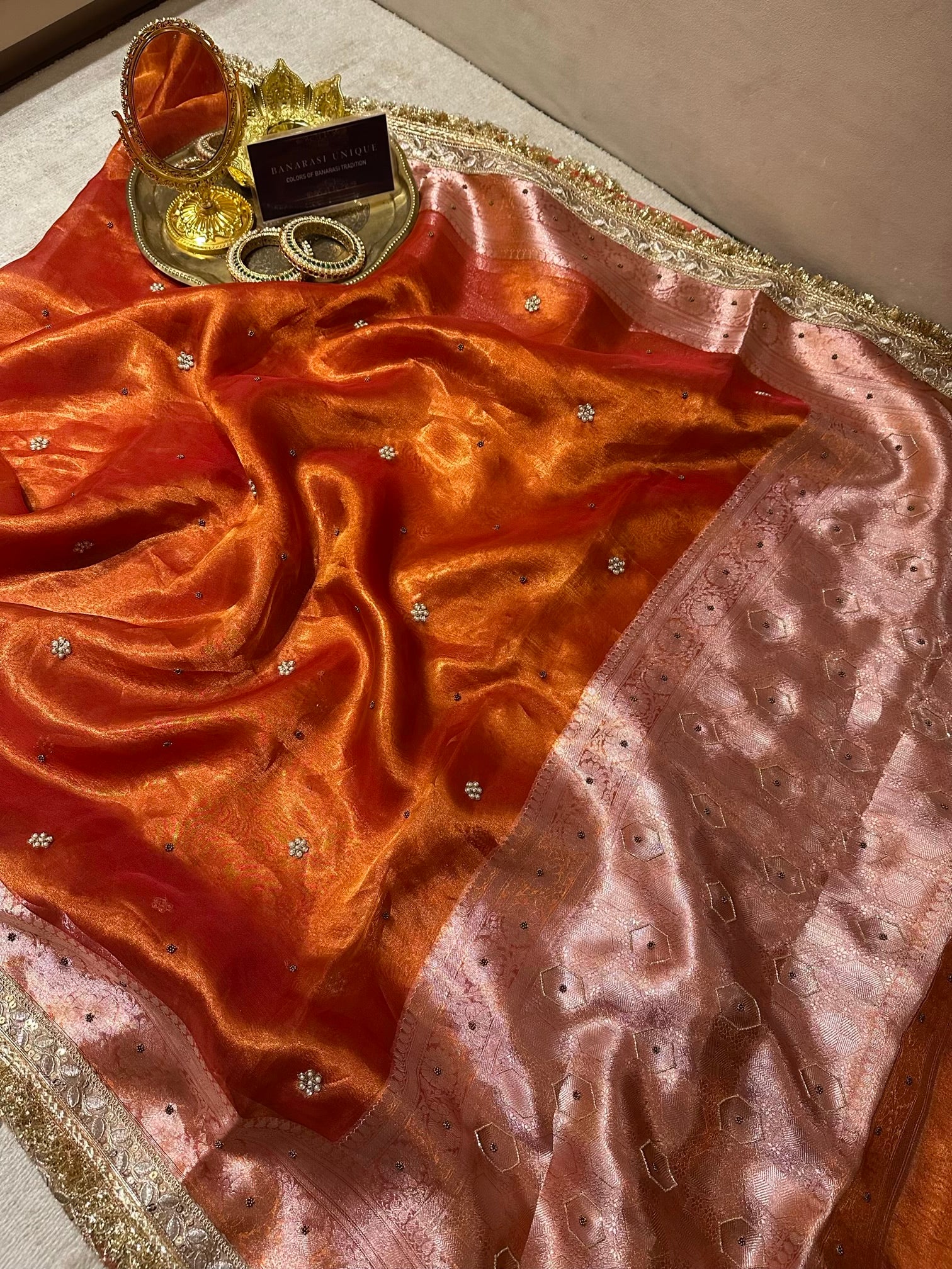 PLAIN FLORAL BUTI SAREE - ORANGE