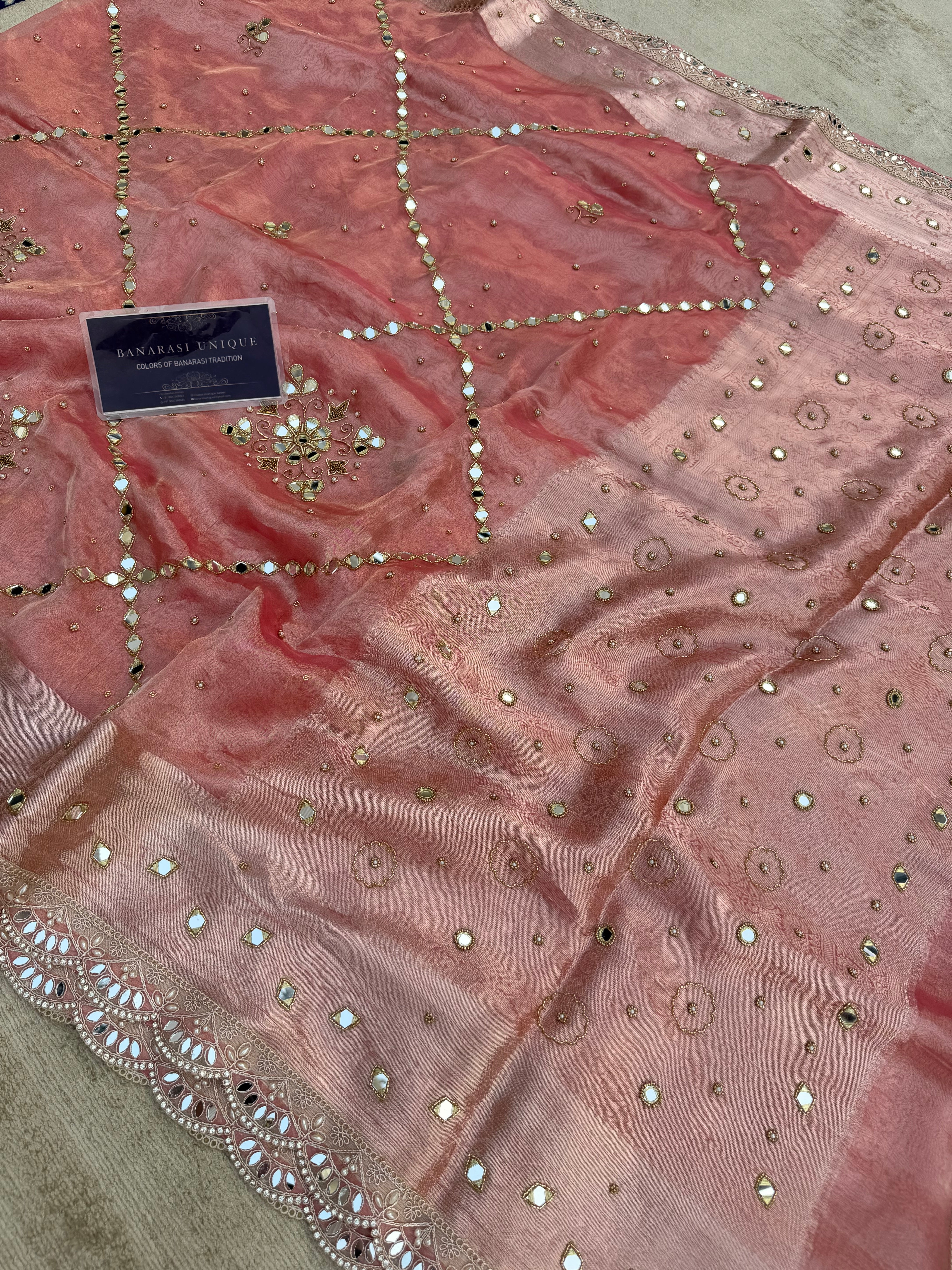 PURE TISSUE SILK MIRROR FLORAL BUTA AND JAAL SAREE - BABY PINK