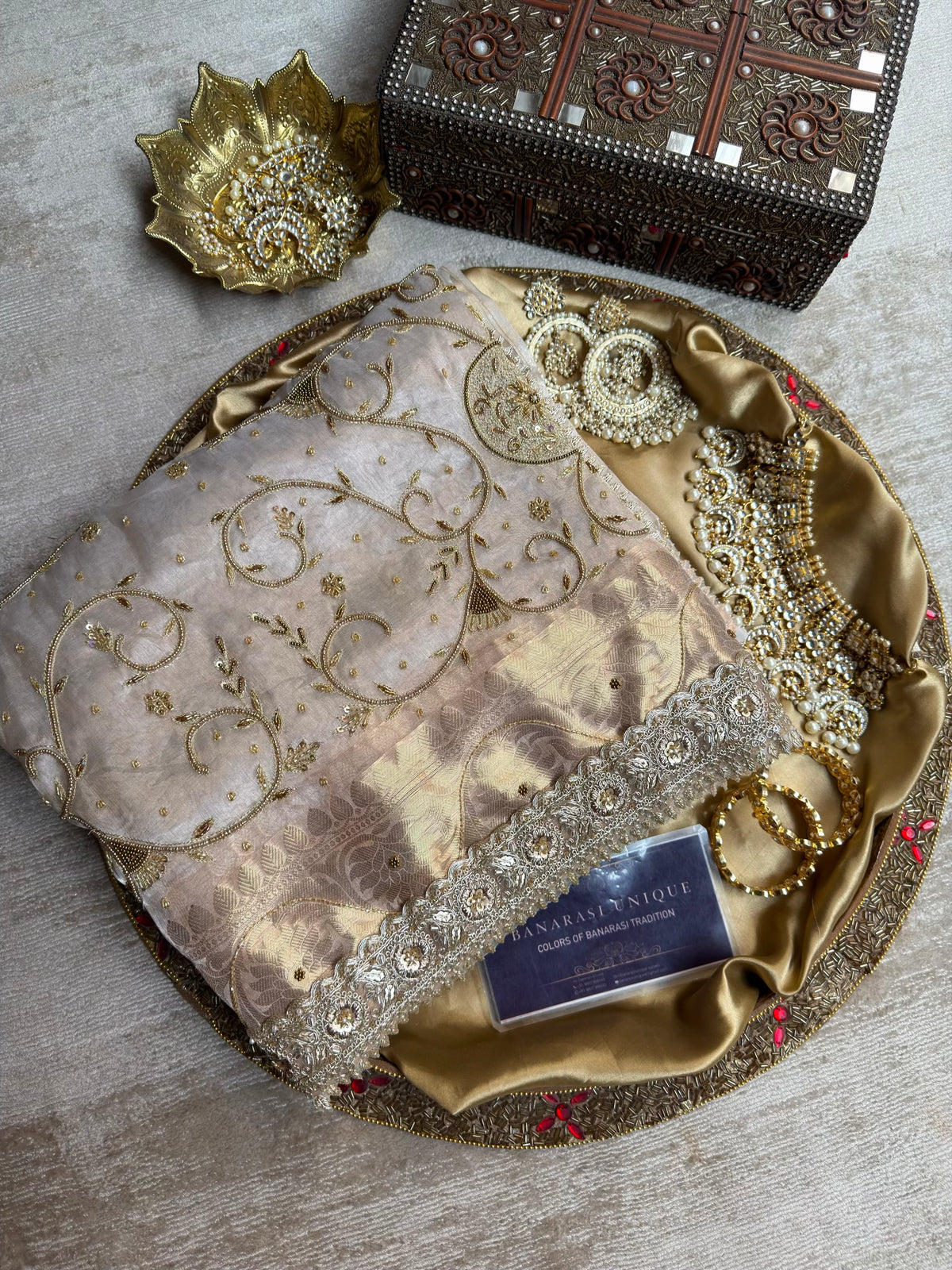 GUL-E-CHAAND | Ivory Pure Tissue Silk Saree | Hand Zardozi Kutdana Work
