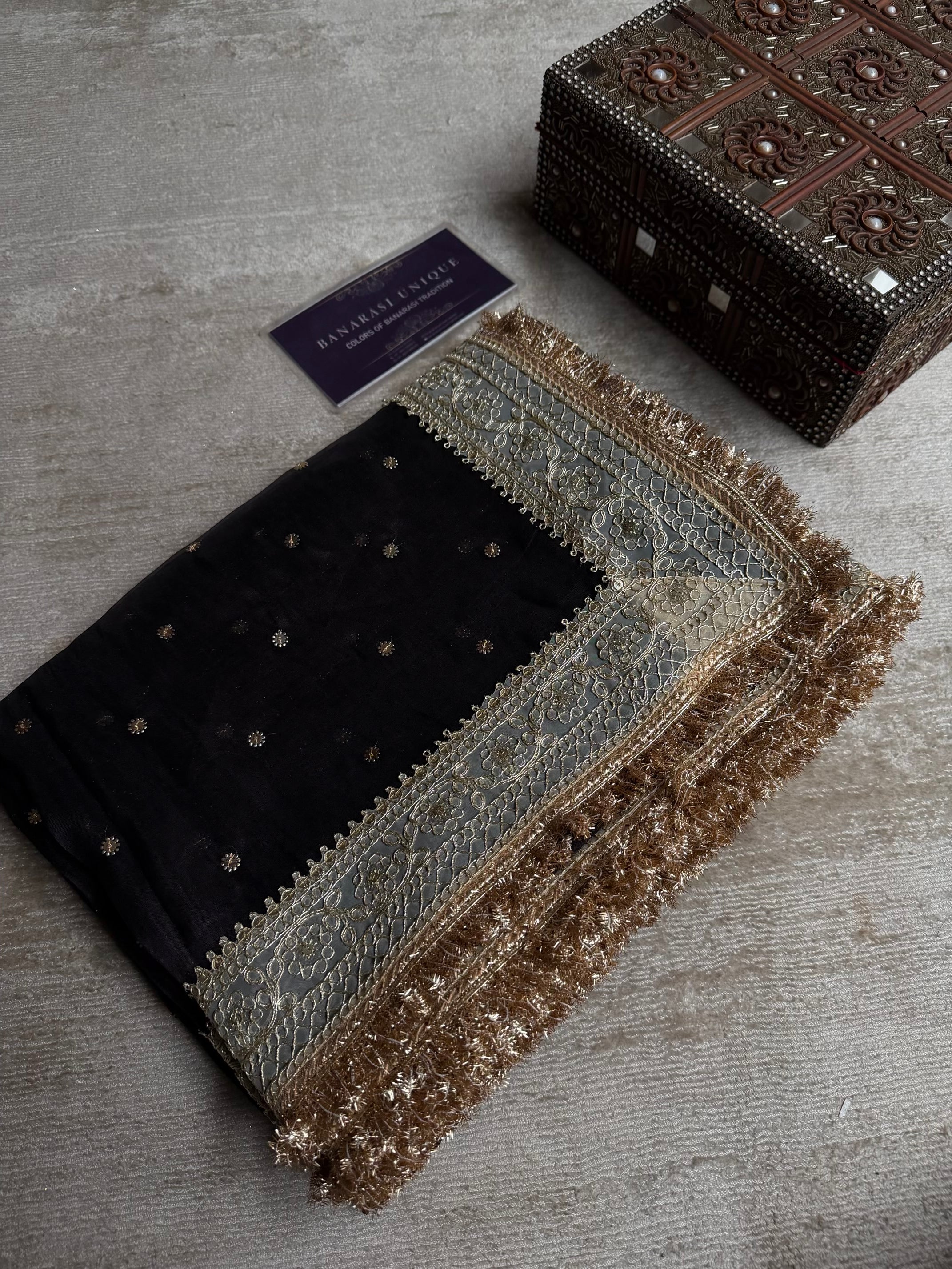 Black Banarasi Pure Tissue Silk Saree | Gotta Patti Embroidered Golden Booti Work | Luxury Wedding & Festive Wear