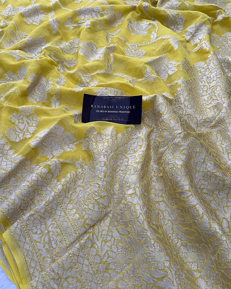 KHADDI GEORGETTE BIG FLORAL JAAL WATER ZARI SAREE - YELLOW