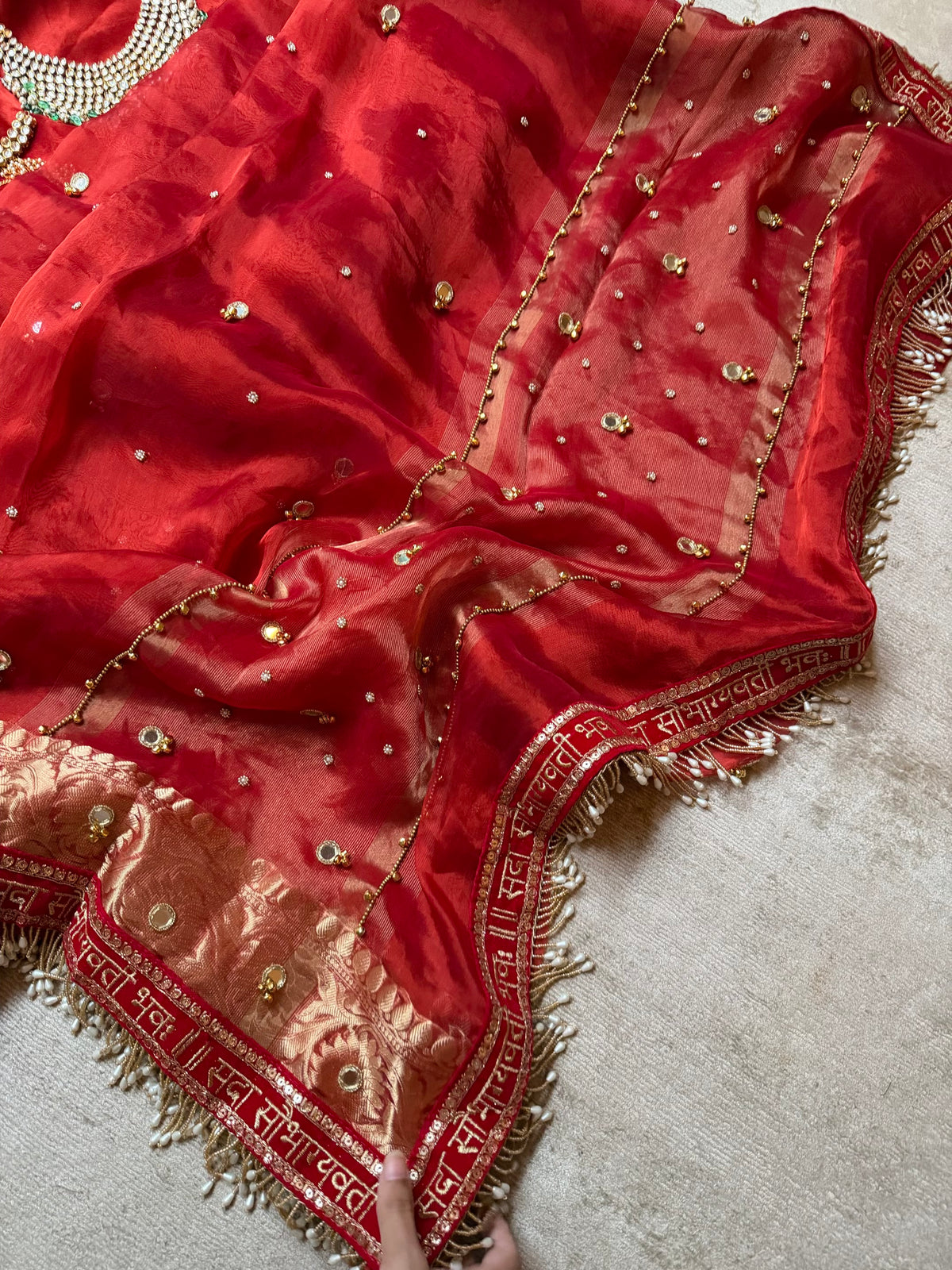 Pure Tissue Silk Ghungru X Mirror Work Karwa Chauth Special Saree