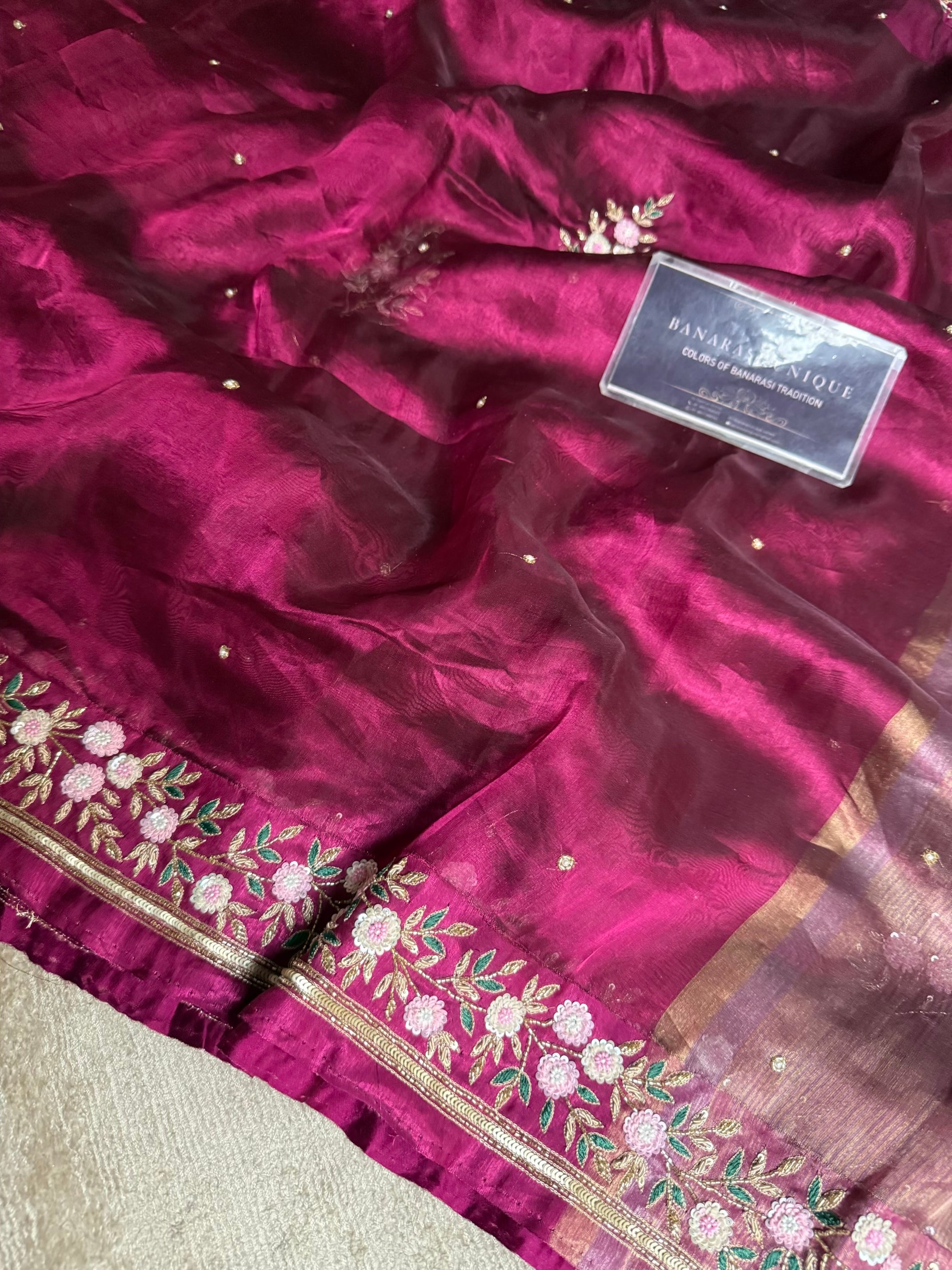 Pure Tissue Silk Satin Border Banarasi Saree Zardozi Hand Embroidery – Majenta