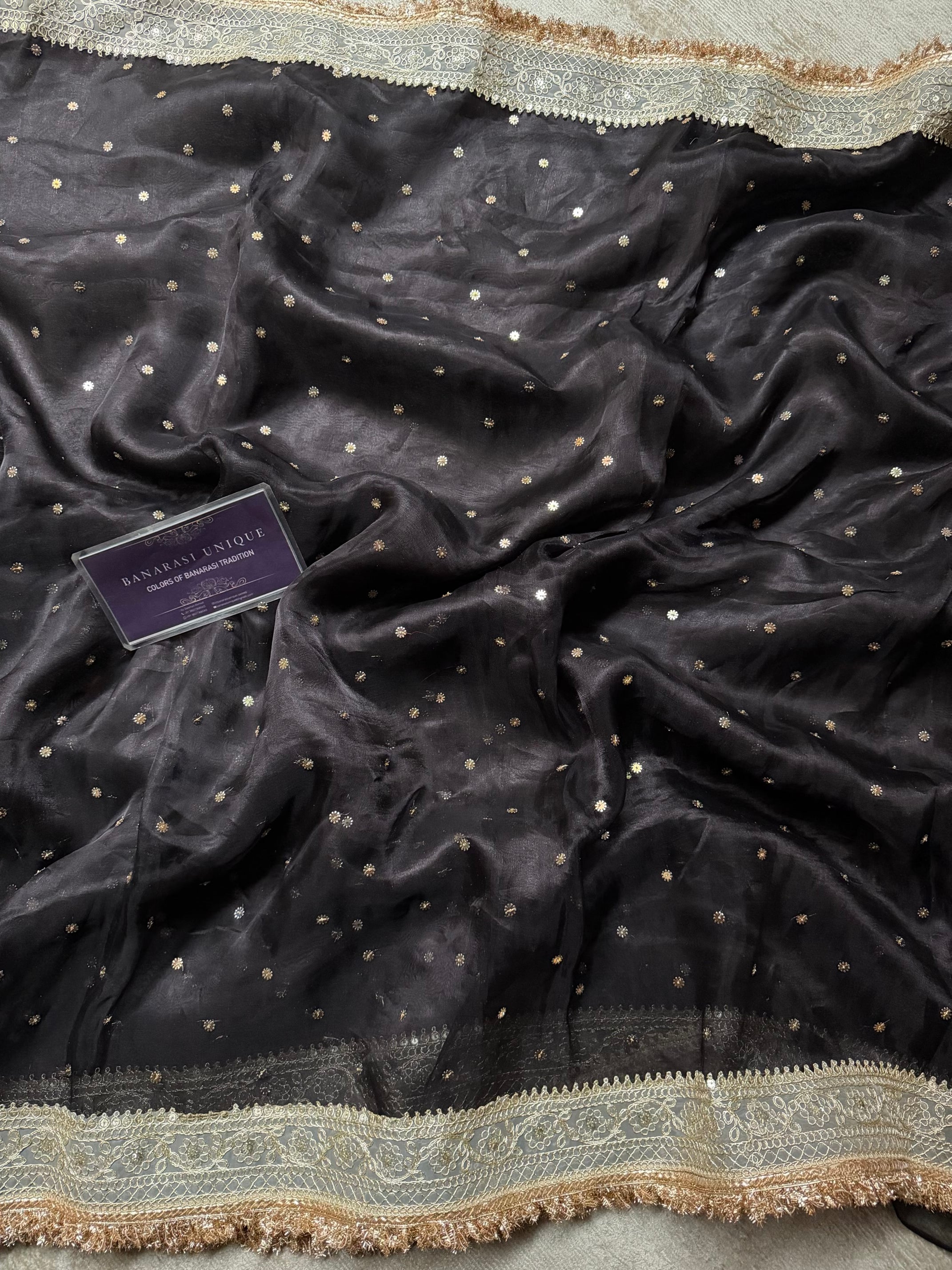 Black Banarasi Pure Tissue Silk Saree | Gotta Patti Embroidered Golden Booti Work | Luxury Wedding & Festive Wear