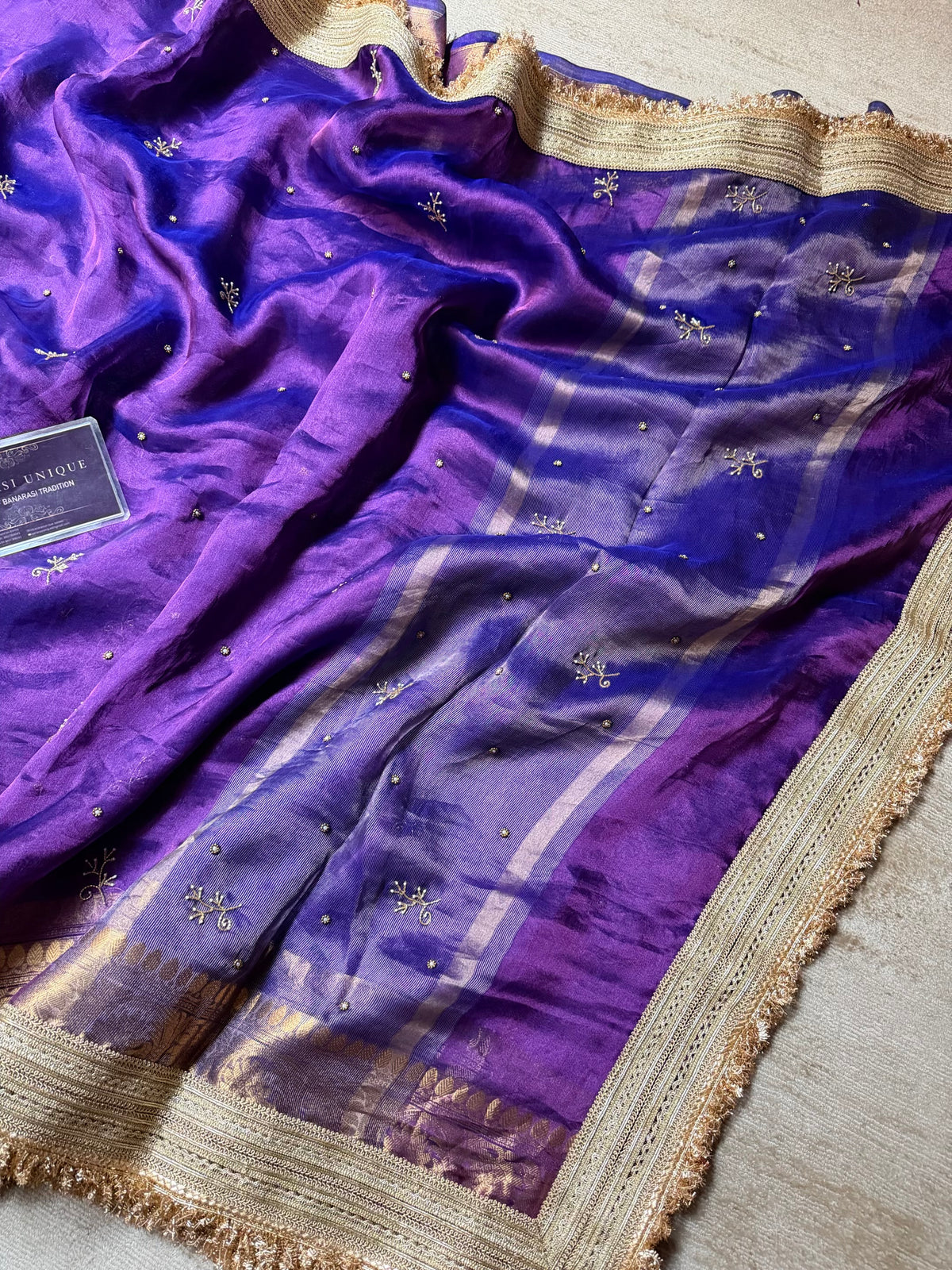Hastakshara Pure Tissue Silk Hand Embroidered Banarasi Saree Purple