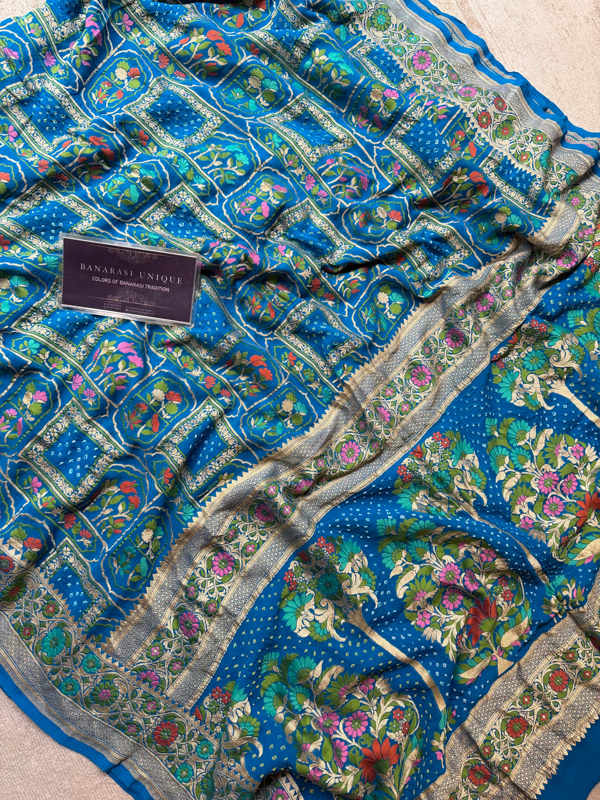 Rama Pure Khaddi Georgette Banarasi Bandhej Saree | Meenakari Meharab Design | Handwoven Luxury Silk Saree