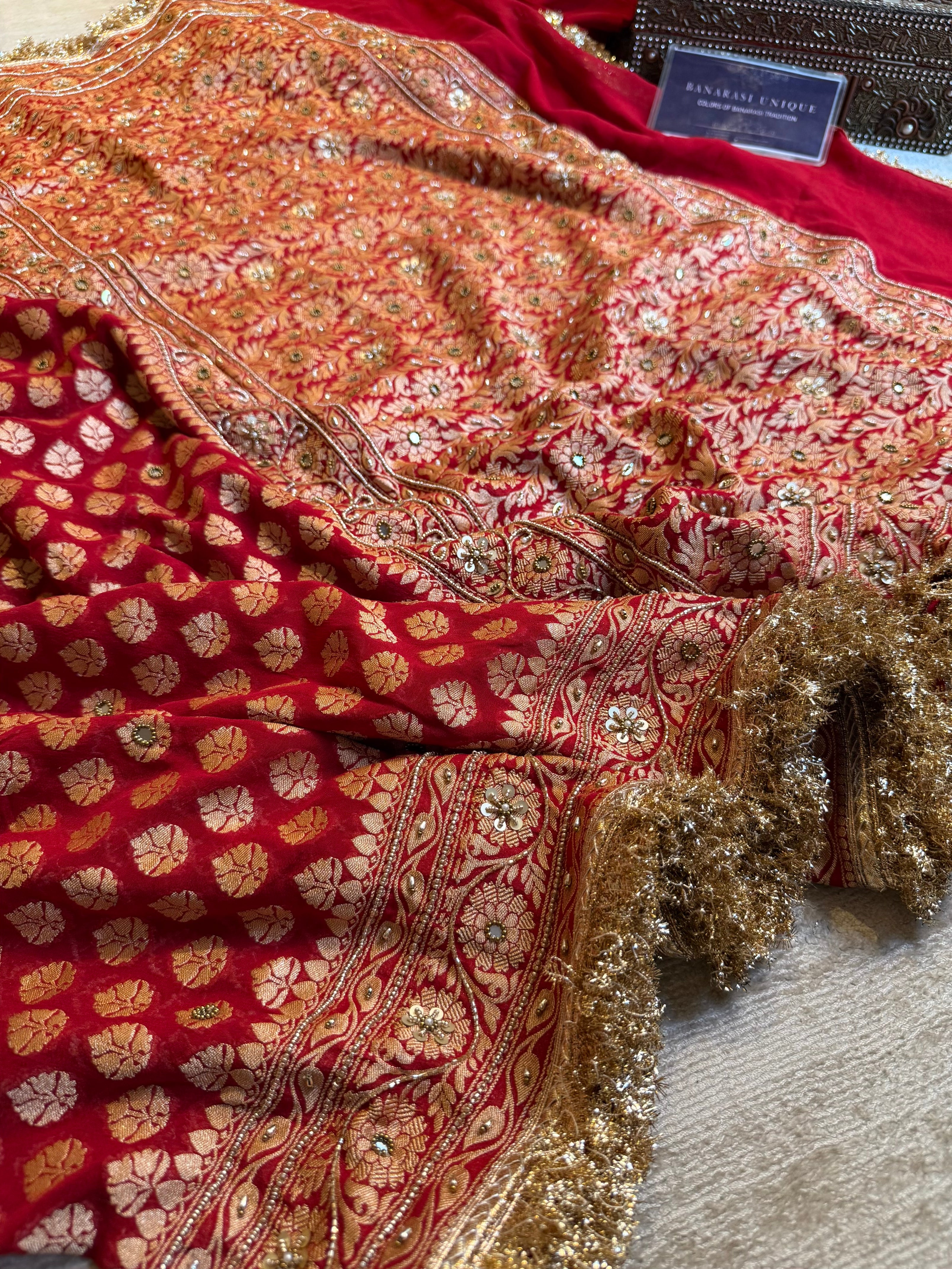 Red Banarasi Khaddi Georgette Saree with Dabka Kutdana Hand Embroidery & Gold Zari | Pure Handwoven Luxury Saree