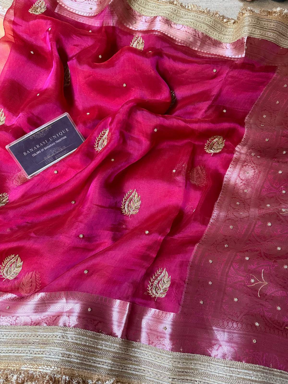 Rani Pink Pure Tissue Silk Banarasi Saree with Zardozi & Nalki Handwork