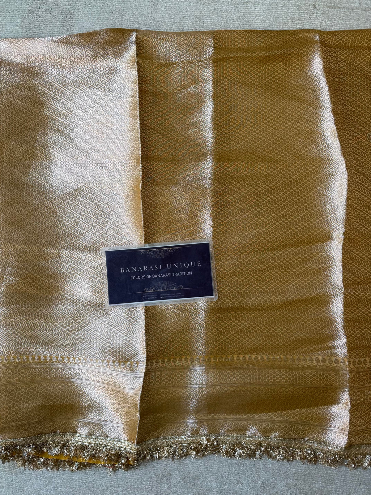 Mustard Pure Tissue Silk Meenakari Hand Embroidered Banarasi Festive Saree