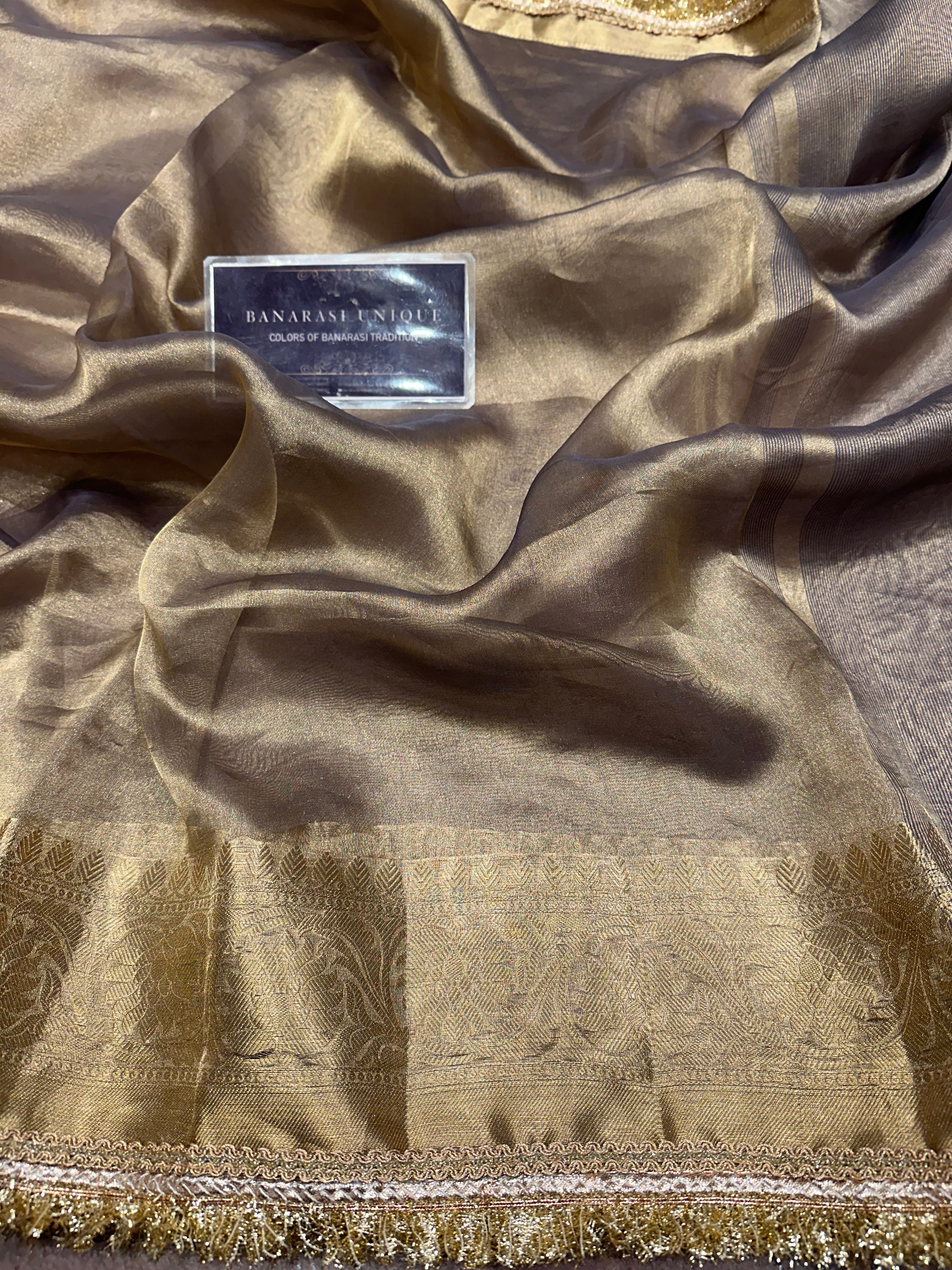 Copper Glow Pure Tissue Silk Banarasi Saree with Gota Patti Border | Handwoven Luxury Saree