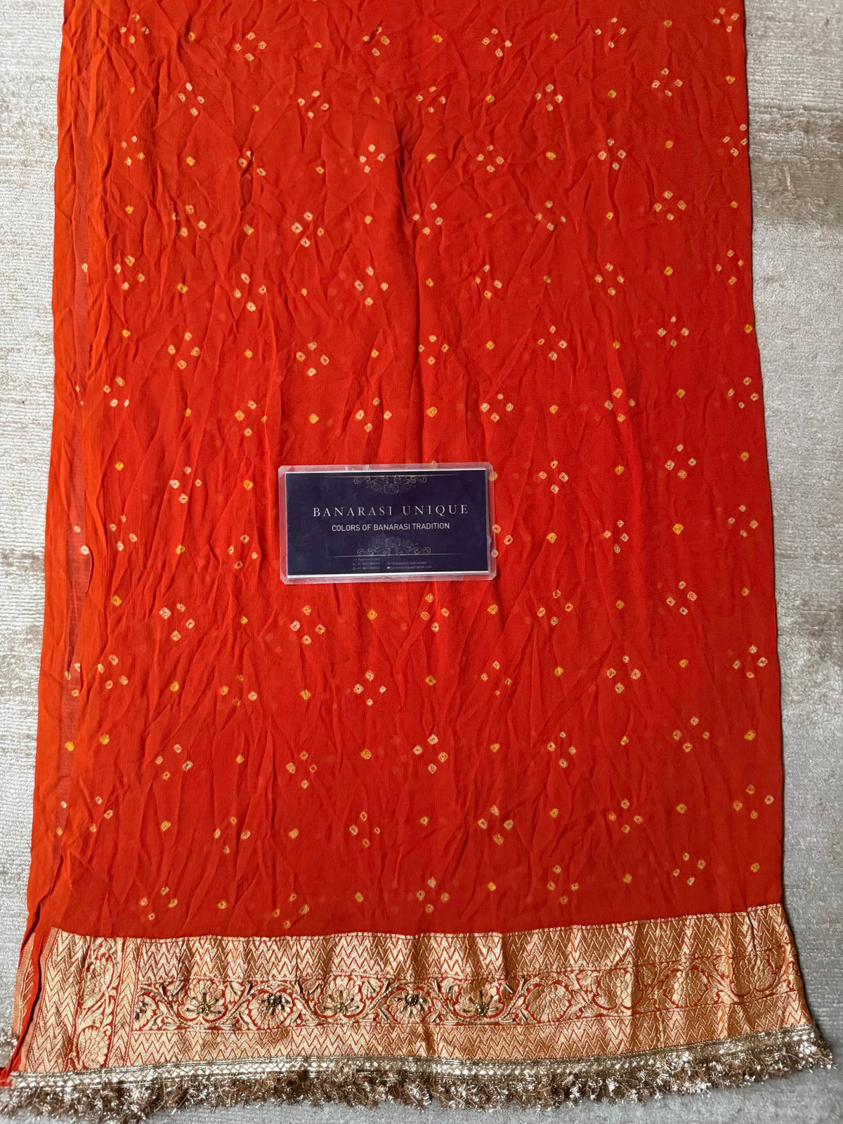 Pure Banarasi Khaddi Georgette Handmade Rai Dana Bandhej Saree in Dual Shade Orange & Pink with Zardozi Hand Embroidery