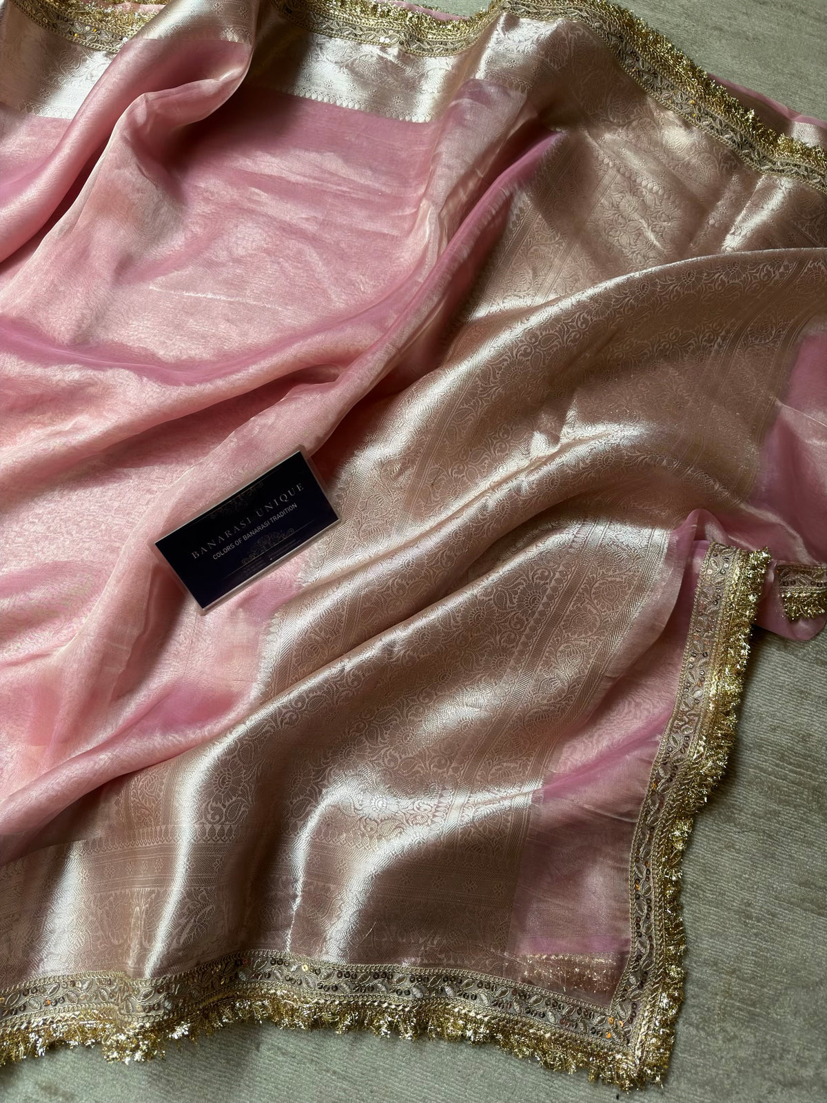 Blush Pink Pure Tissue Silk Saree with Zari Border – Janhvi Kapoor Inspired