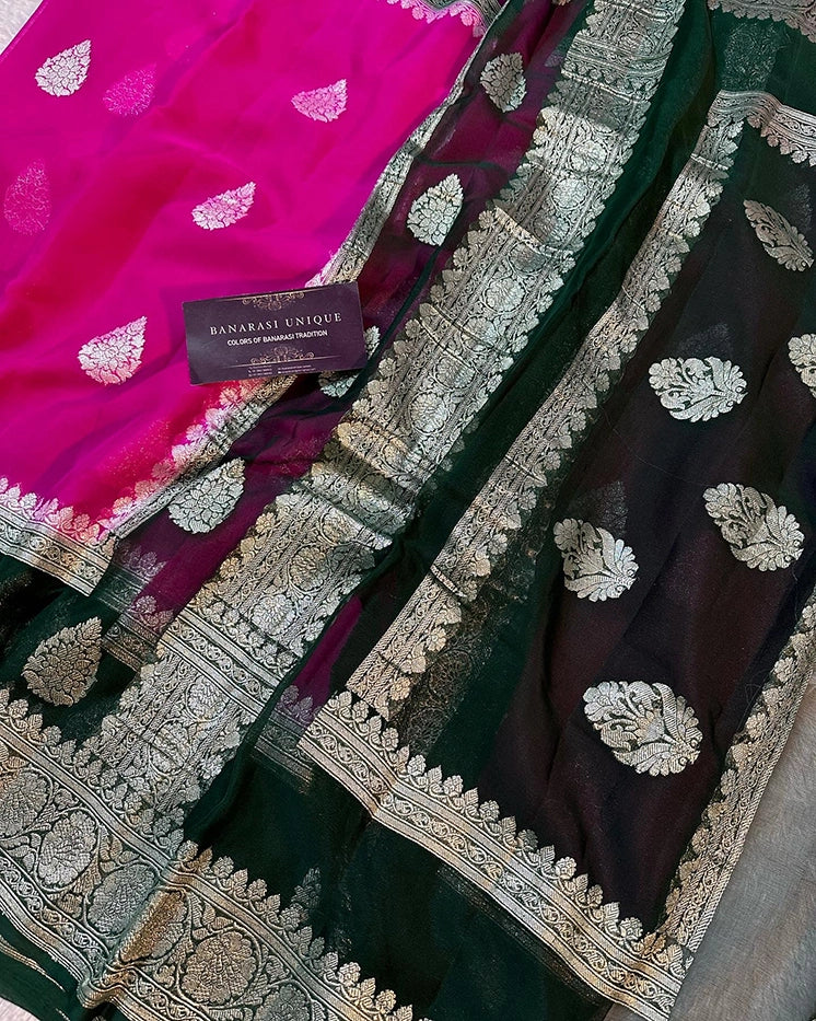 KHADDI CHIFFON DOUBLE BORDER SAREE - BOTTLE GREEN WITH RANI
