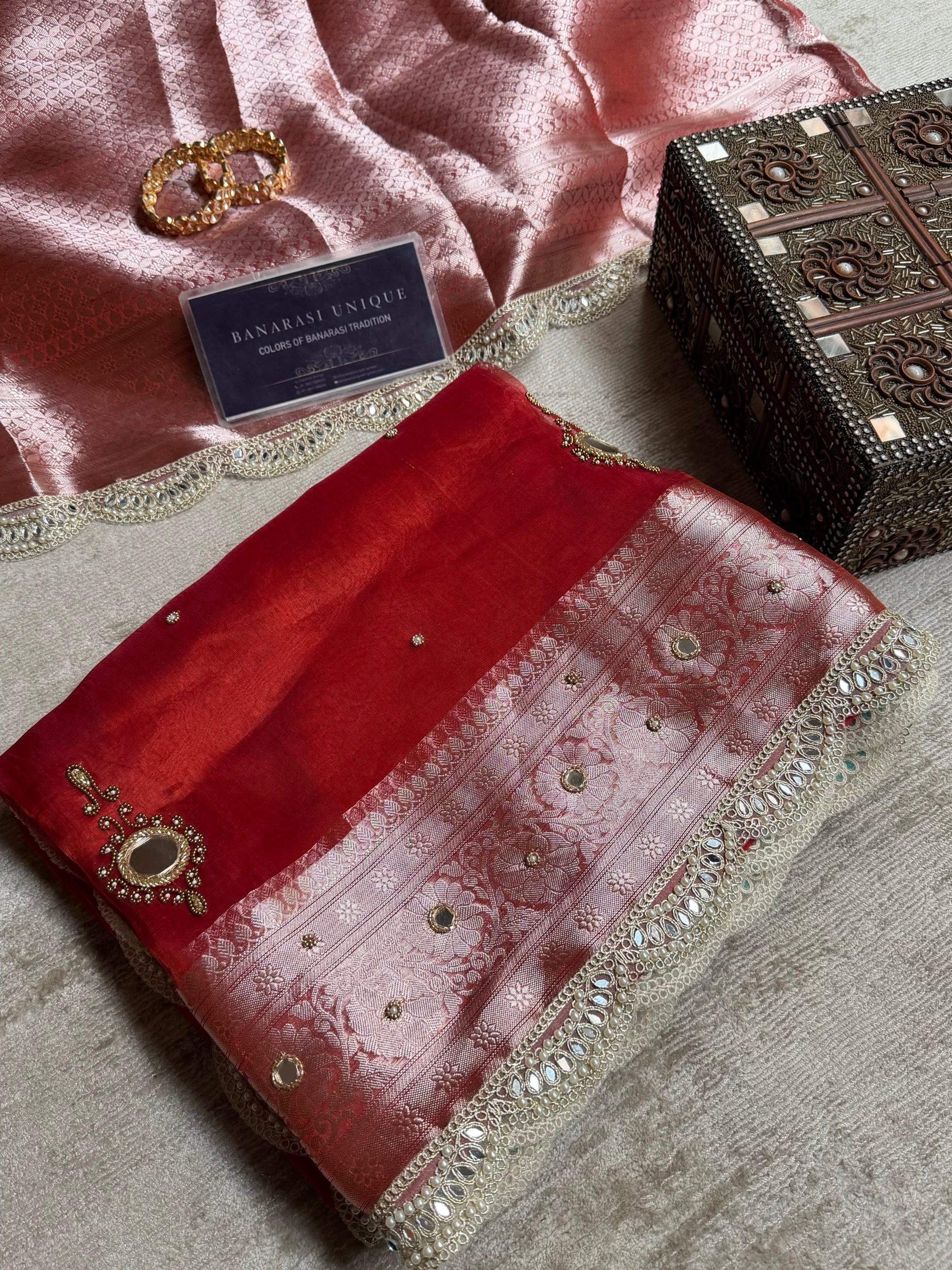Aaina-e-Noor – Pure Tissue Silk Saree | Vintage Mirror Work | Luxury Handcrafted Banarasi Saree Red