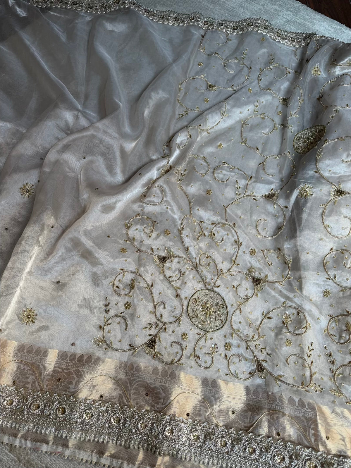 GUL-E-CHAAND | Ivory Pure Tissue Silk Saree | Hand Zardozi Kutdana Work