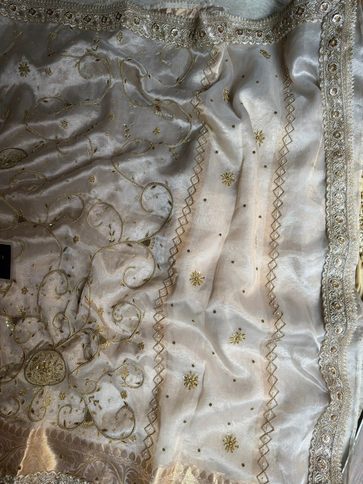 GUL-E-CHAAND | Ivory Pure Tissue Silk Saree | Hand Zardozi Kutdana Work