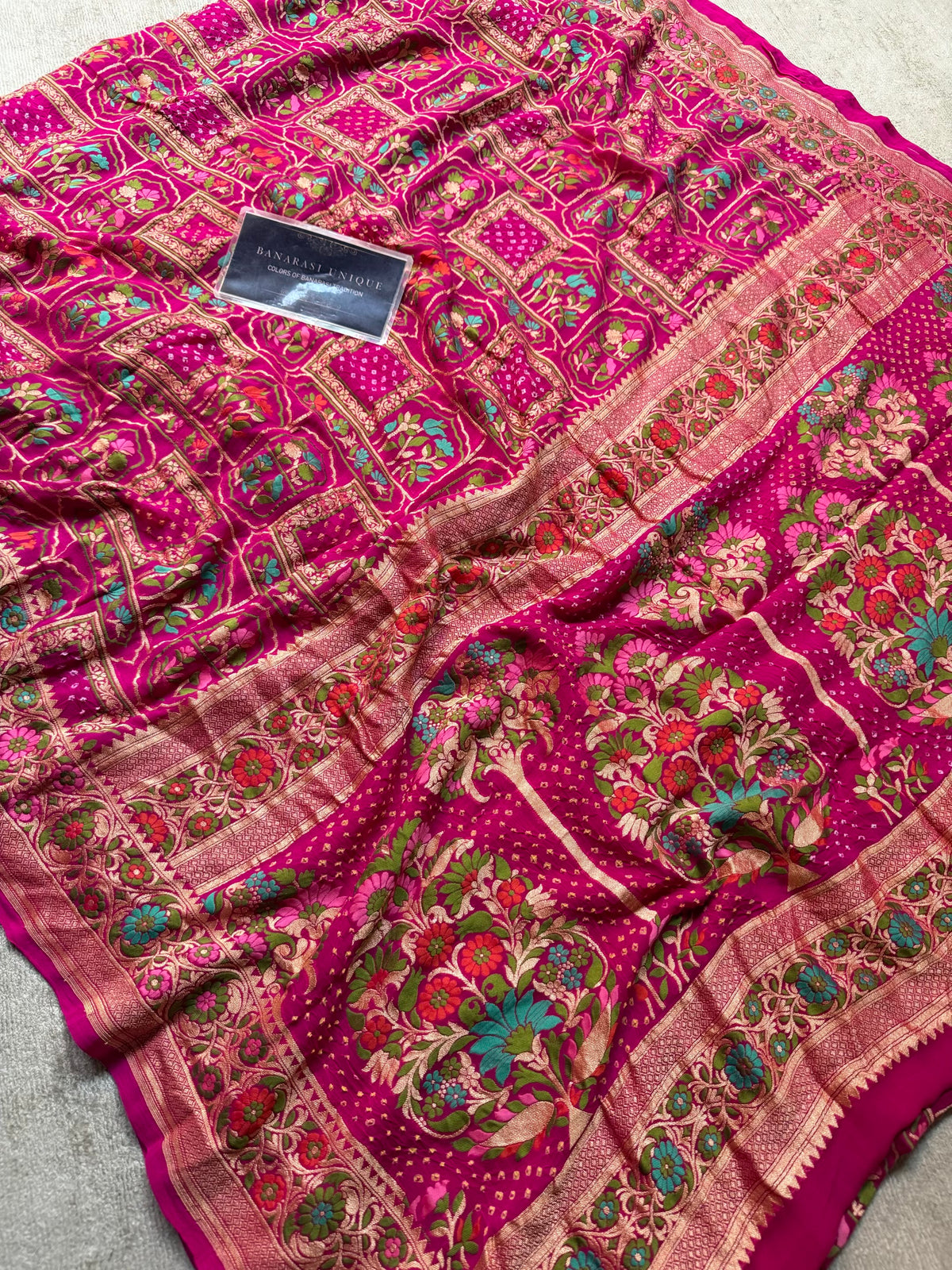 Rani Pink Pure Khaddi Georgette Banarasi Bandhej Saree | Meenakari Meharab Design | Handwoven Luxury Silk Saree