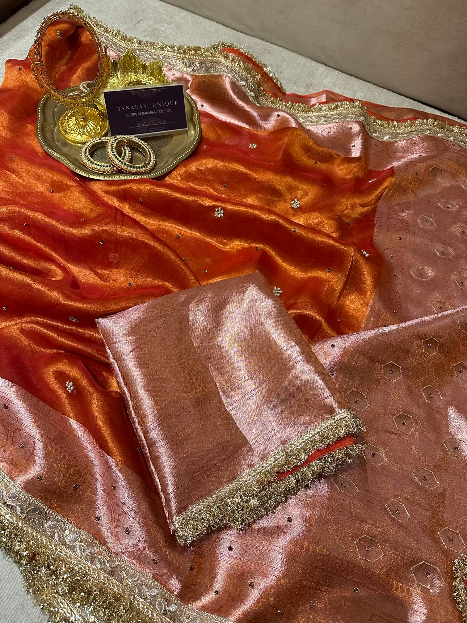 PLAIN FLORAL BUTI SAREE - ORANGE