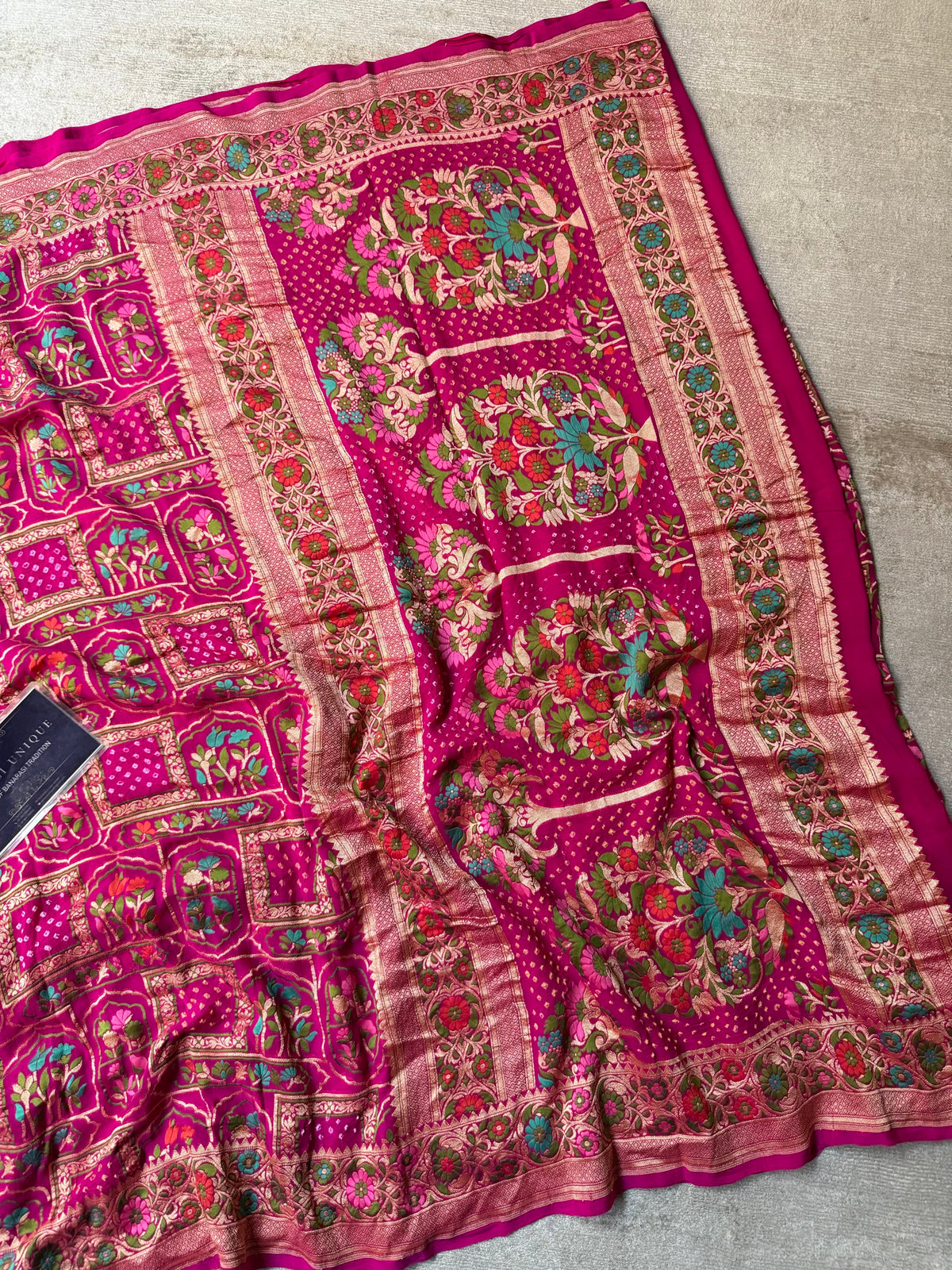 Rani Pink Pure Khaddi Georgette Banarasi Bandhej Saree | Meenakari Meharab Design | Handwoven Luxury Silk Saree