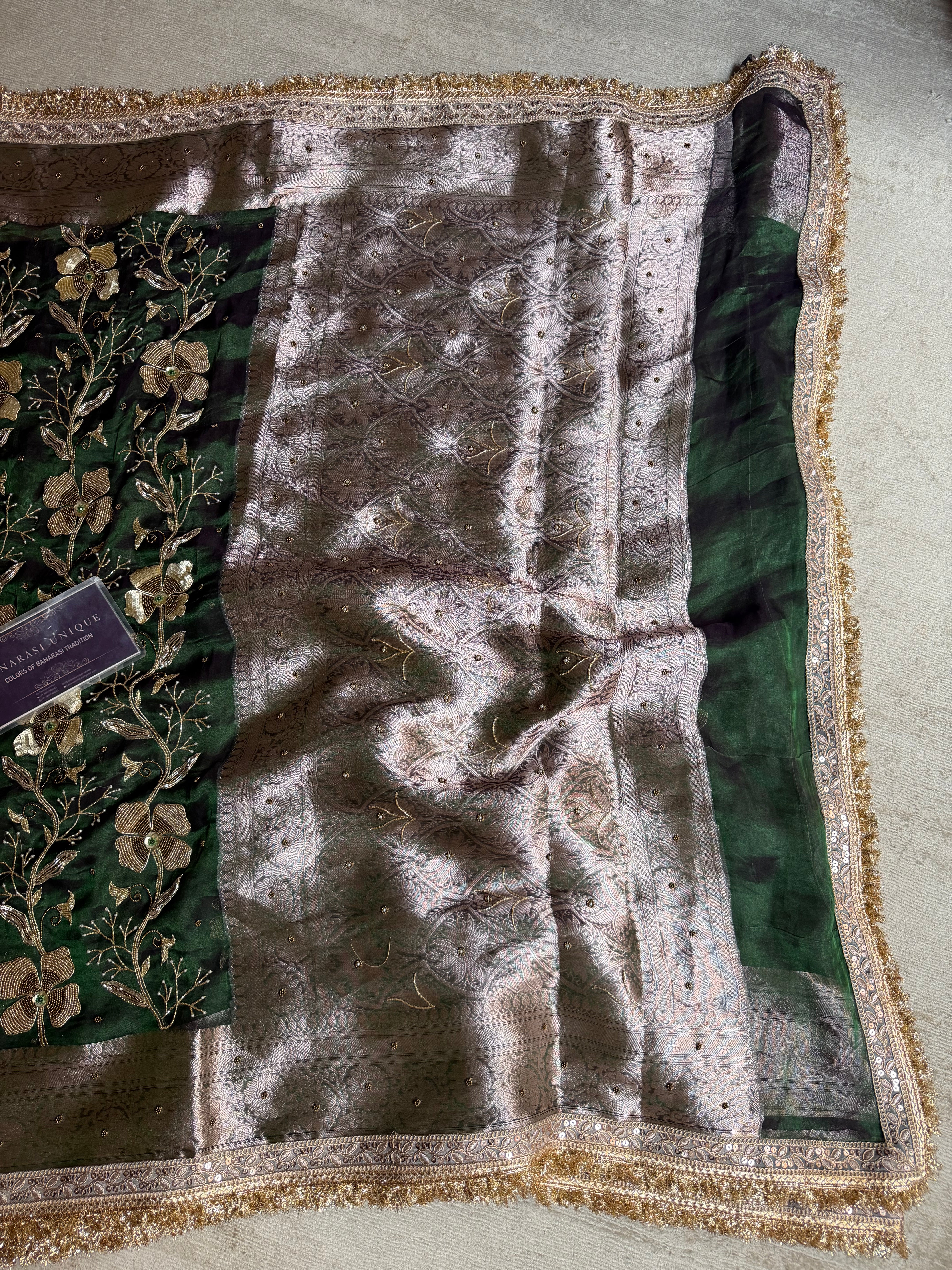 Emerald Blossom – Hand Embroidered Pure Tissue Silk Banarasi Saree
