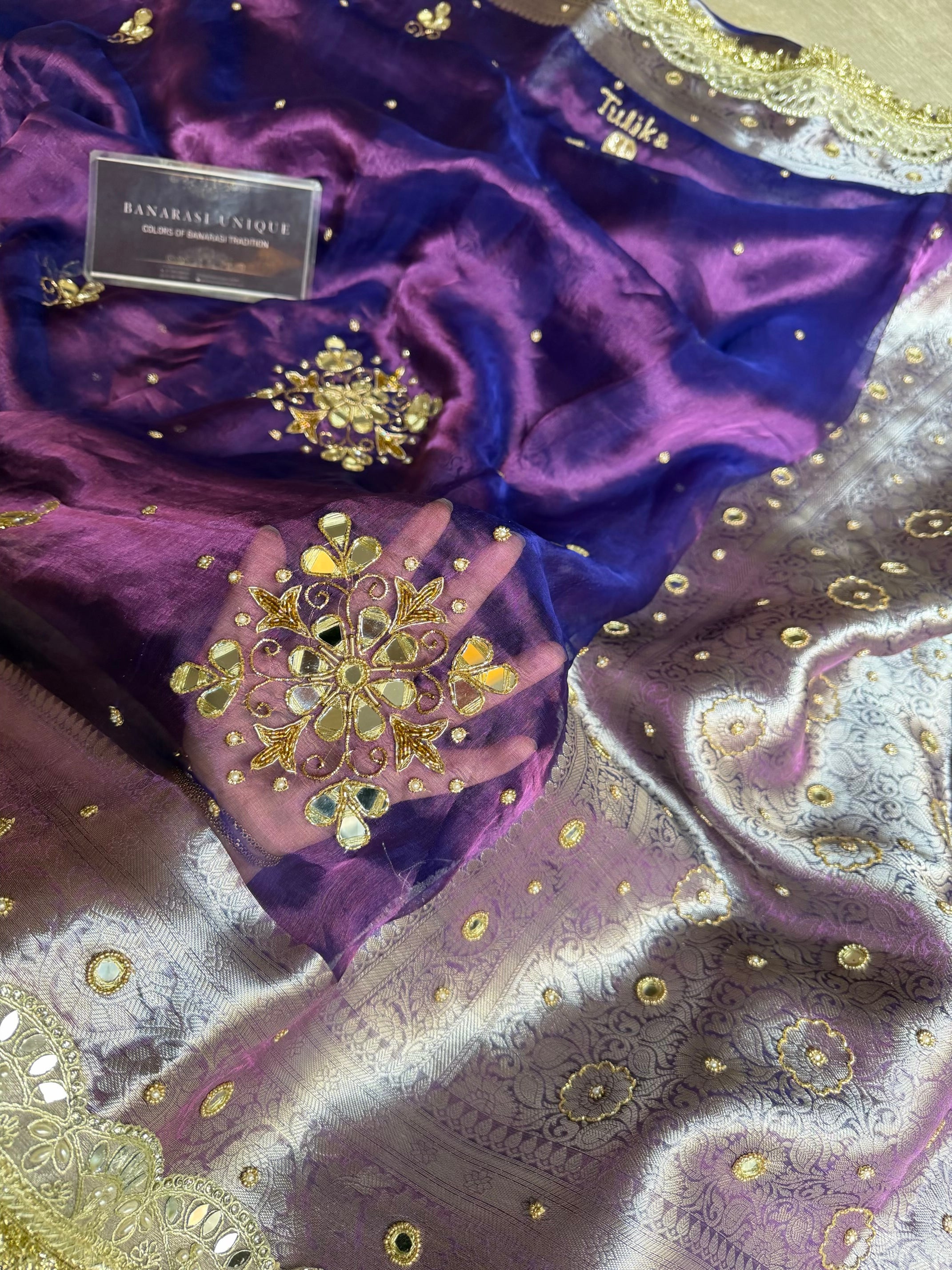 PURE TISSUE SILK FLORAL MIRROR BUTA SAREE - PURPLE