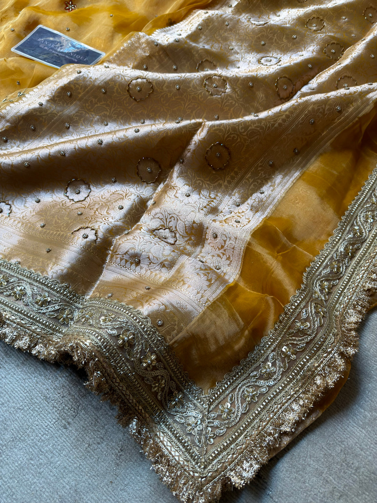 Mustard Pure Tissue Silk Meenakari Hand Embroidered Banarasi Festive Saree
