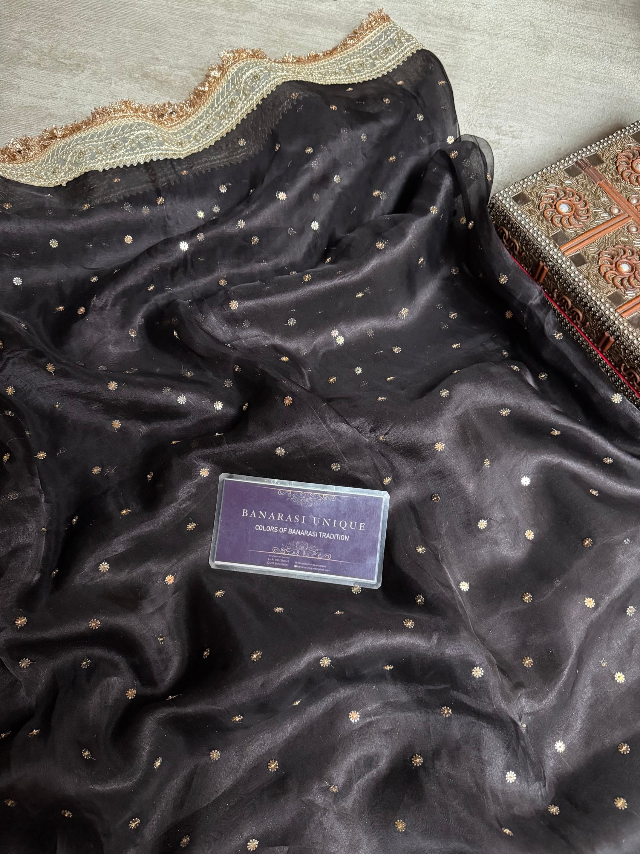 Black Banarasi Pure Tissue Silk Saree | Gotta Patti Embroidered Golden Booti Work | Luxury Wedding & Festive Wear