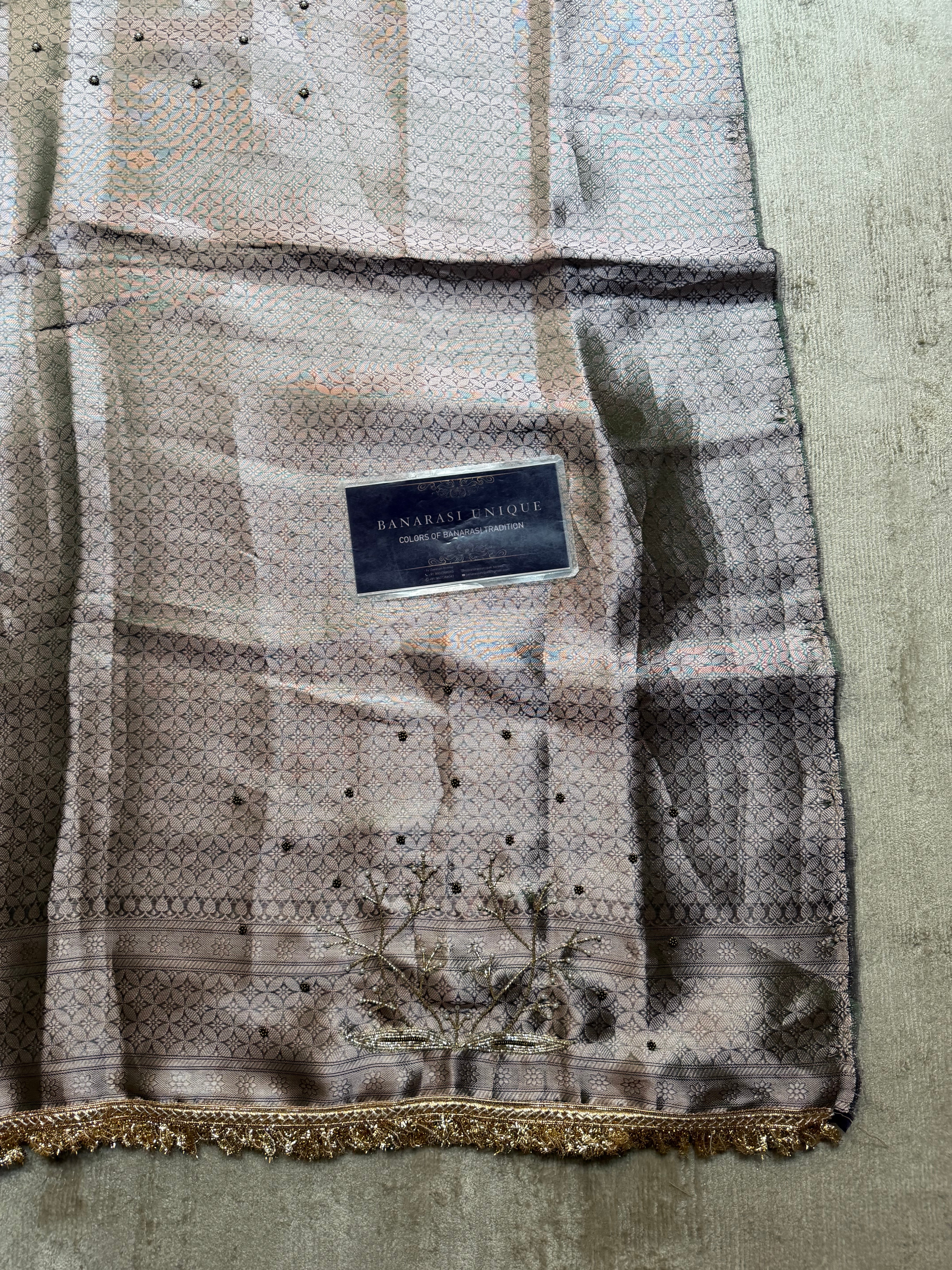 Emerald Blossom – Hand Embroidered Pure Tissue Silk Banarasi Saree
