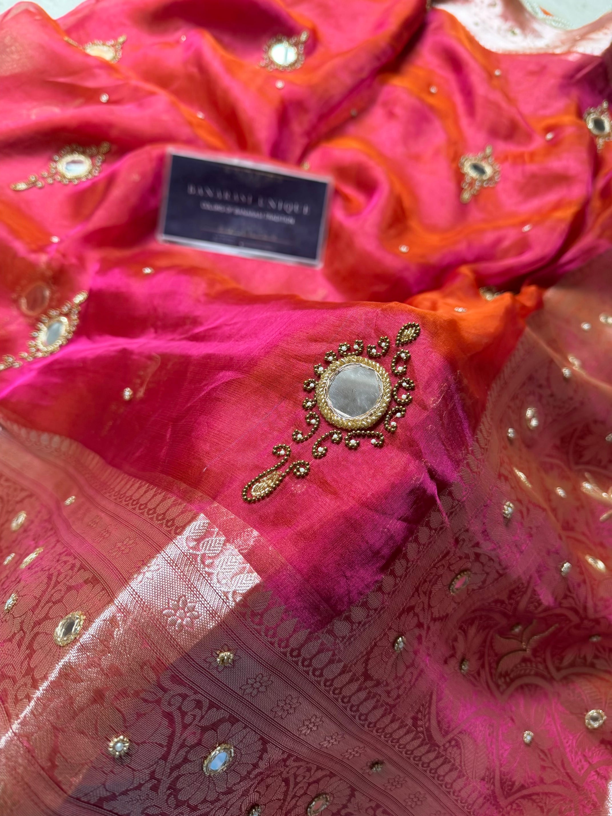 Aaina-e-Noor – Pure Tissue Silk Saree | Vintage Mirror Work | Luxury Handcrafted Banarasi Saree Dhoop Chaav