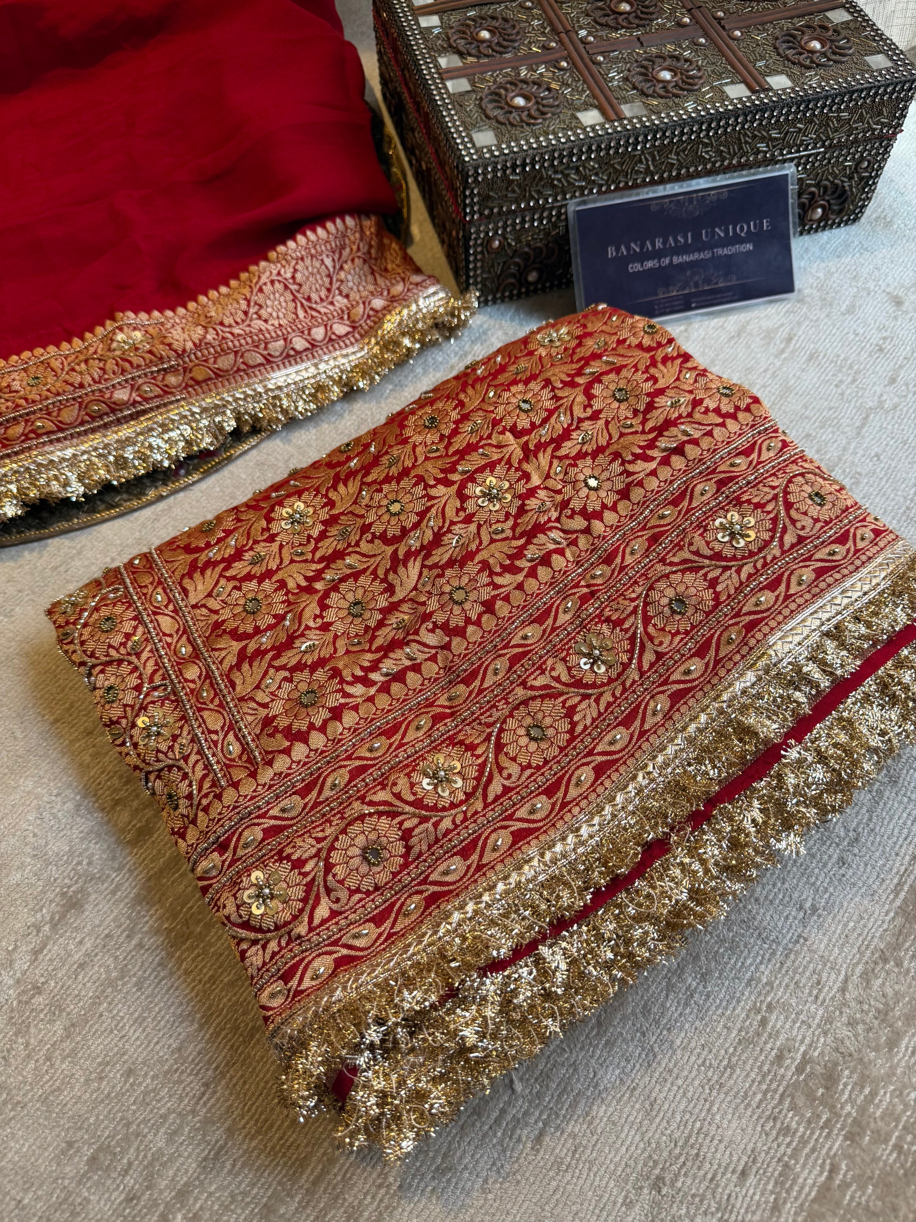 Red Banarasi Khaddi Georgette Saree with Dabka Kutdana Hand Embroidery & Gold Zari | Pure Handwoven Luxury Saree