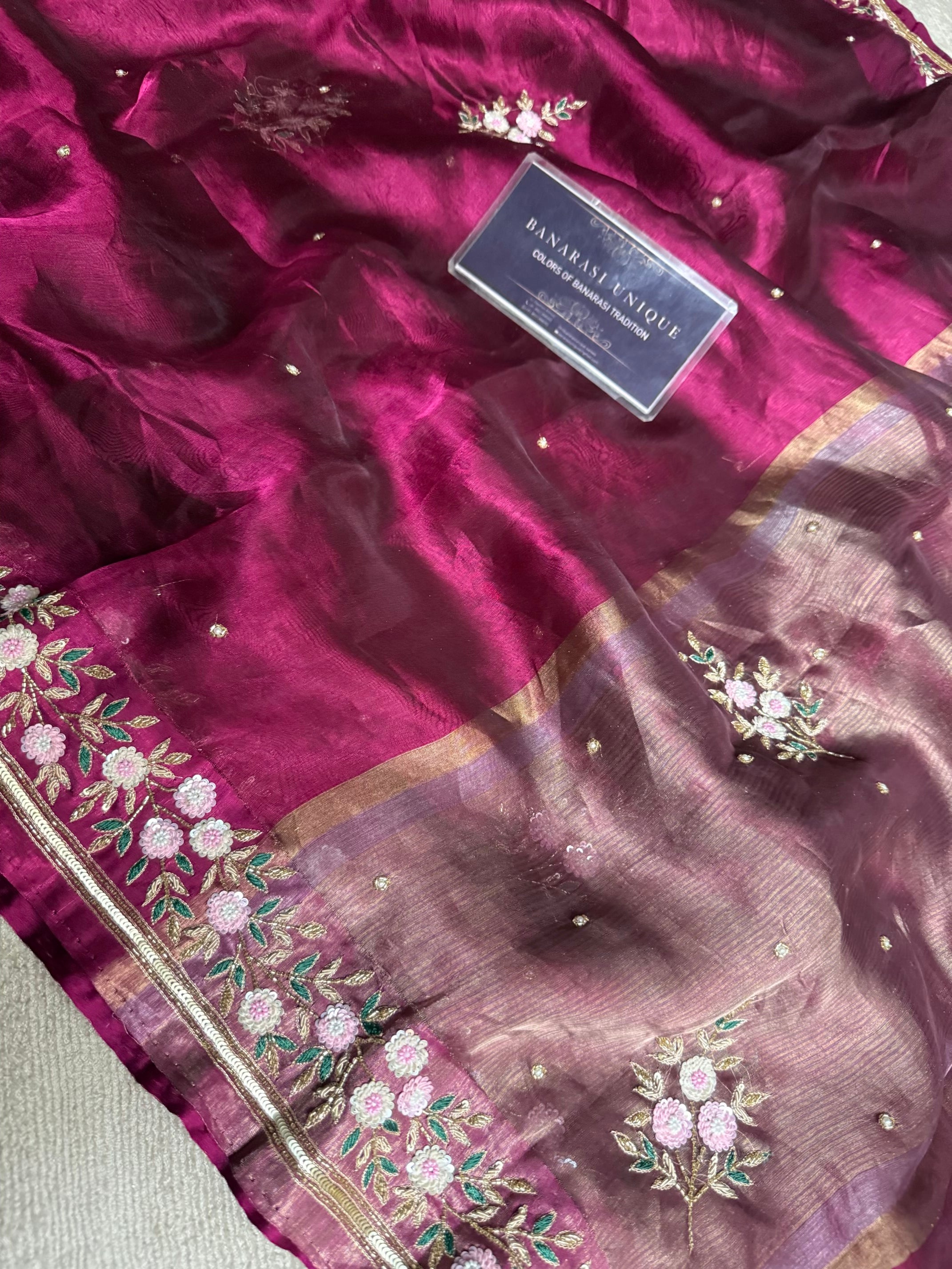 Pure Tissue Silk Satin Border Banarasi Saree Zardozi Hand Embroidery – Majenta