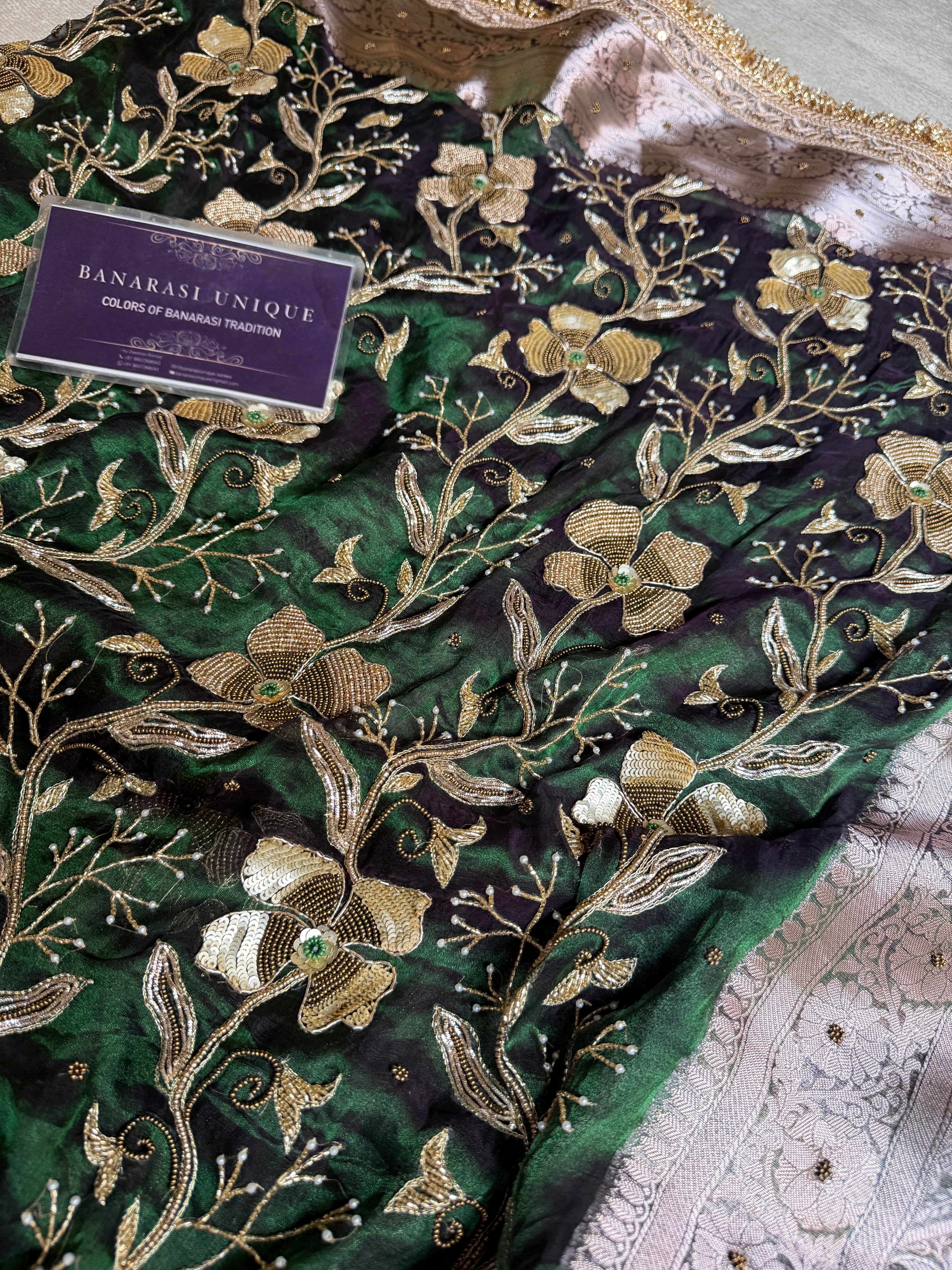 Emerald Blossom – Hand Embroidered Pure Tissue Silk Banarasi Saree
