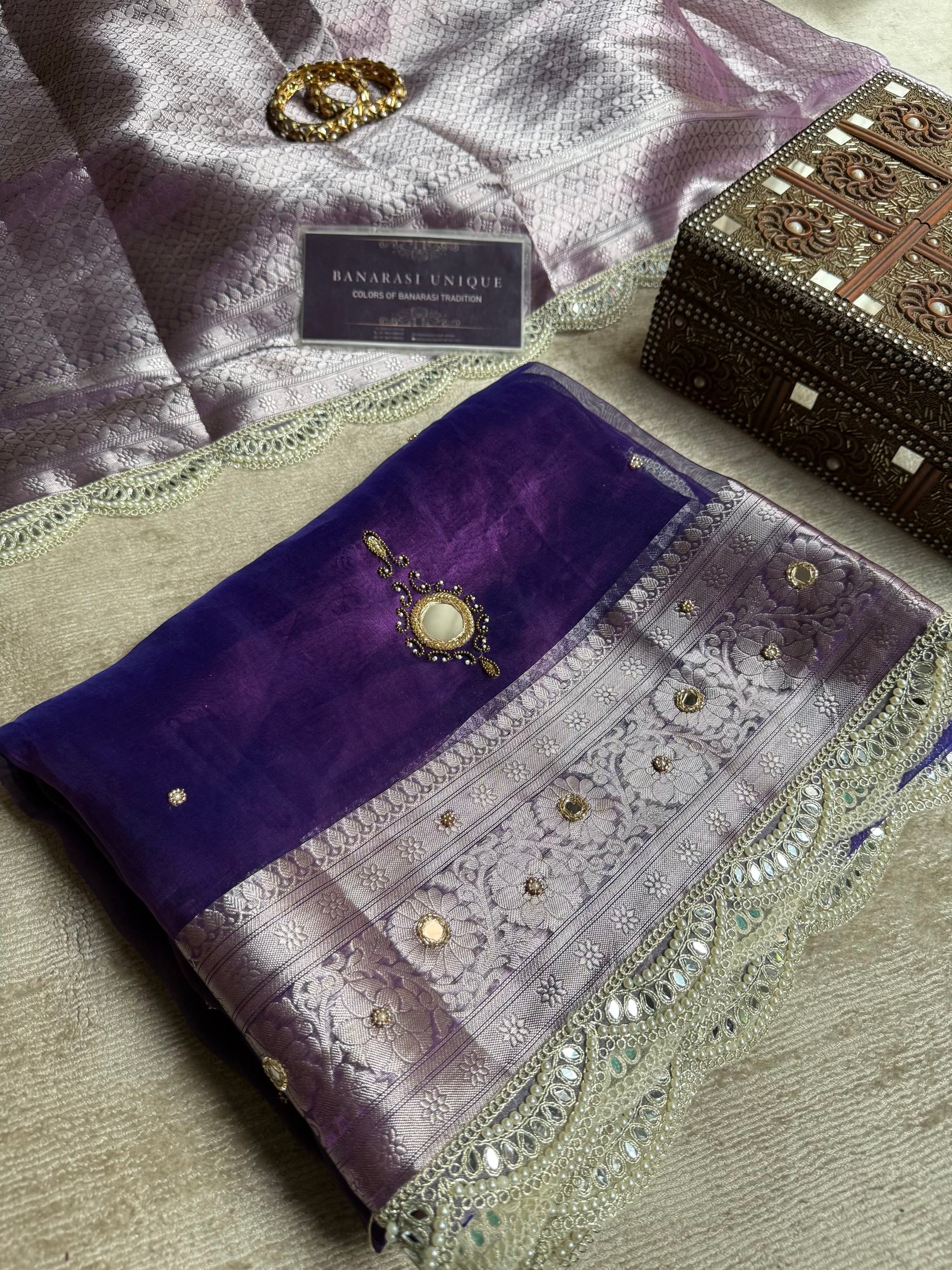 Aaina-e-Noor – Pure Tissue Silk Saree | Vintage Mirror Work | Luxury Handcrafted Banarasi Saree Purple