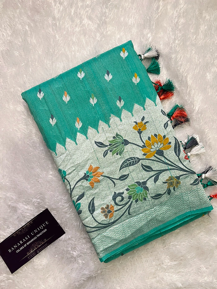 TUSSAR GEORGETTE PATHANI BORDER SAREE - PISTA GREEN