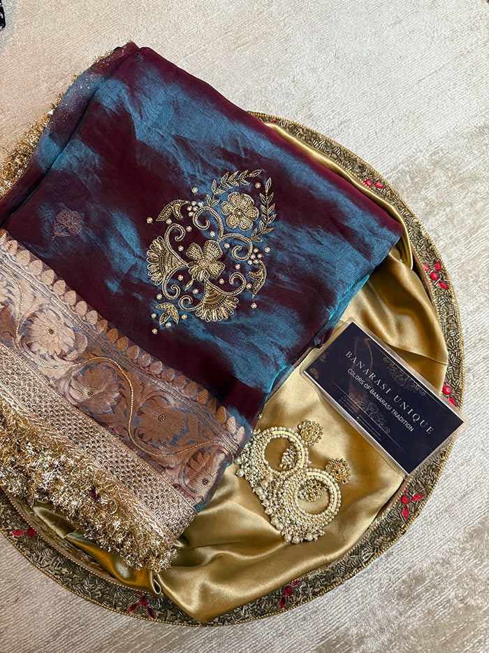 PURE TISSUE SILK VINE BUTA SAREE - DHOOP CHAAV WINE & TEAL