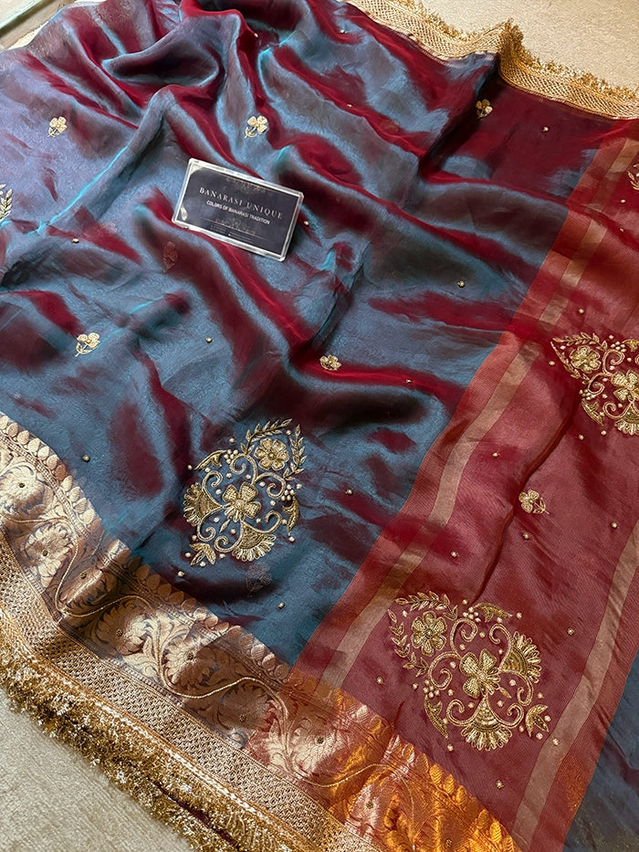 PURE TISSUE SILK VINE BUTA SAREE - DHOOP CHAAV WINE & TEAL