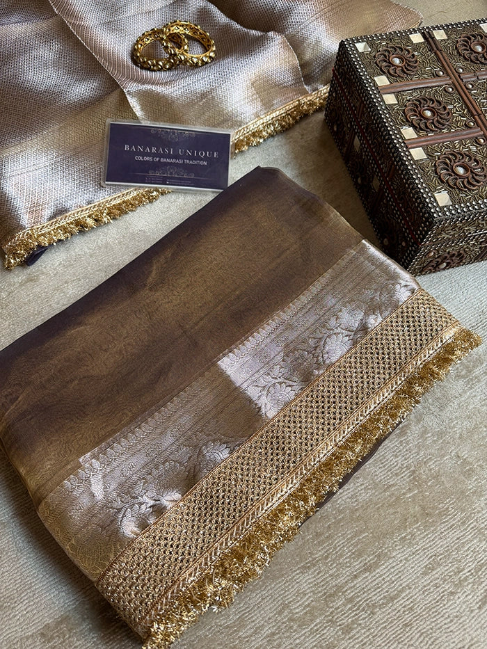 PLAIN PURE TISSUE SAREE with BROCADE BLOUSE - COFFEE BROWN