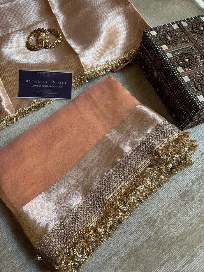 PLAIN PURE TISSUE SAREE with BROCADE BLOUSE - PEACH