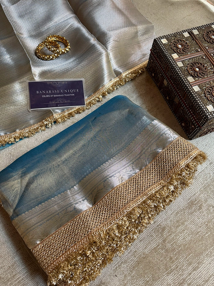 PLAIN PURE TISSUE SAREE with BROCADE BLOUSE - METALLIC BLUE