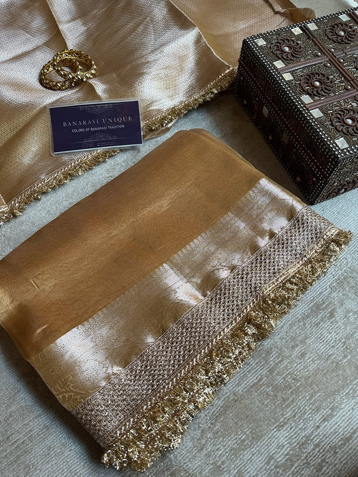 PLAIN PURE TISSUE SAREE with BROCADE BLOUSE - CHAMPAGNE GOLD